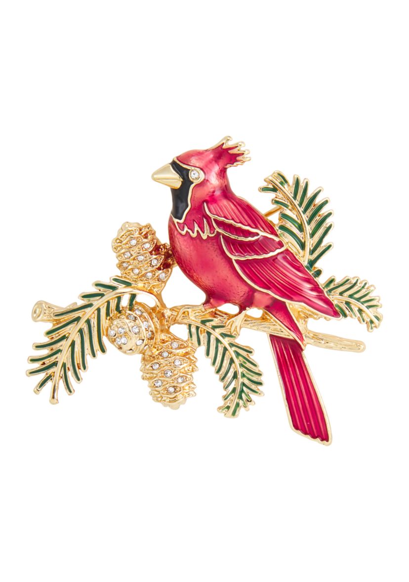 Gold Tone Red Cardinal Branch Box Pin 