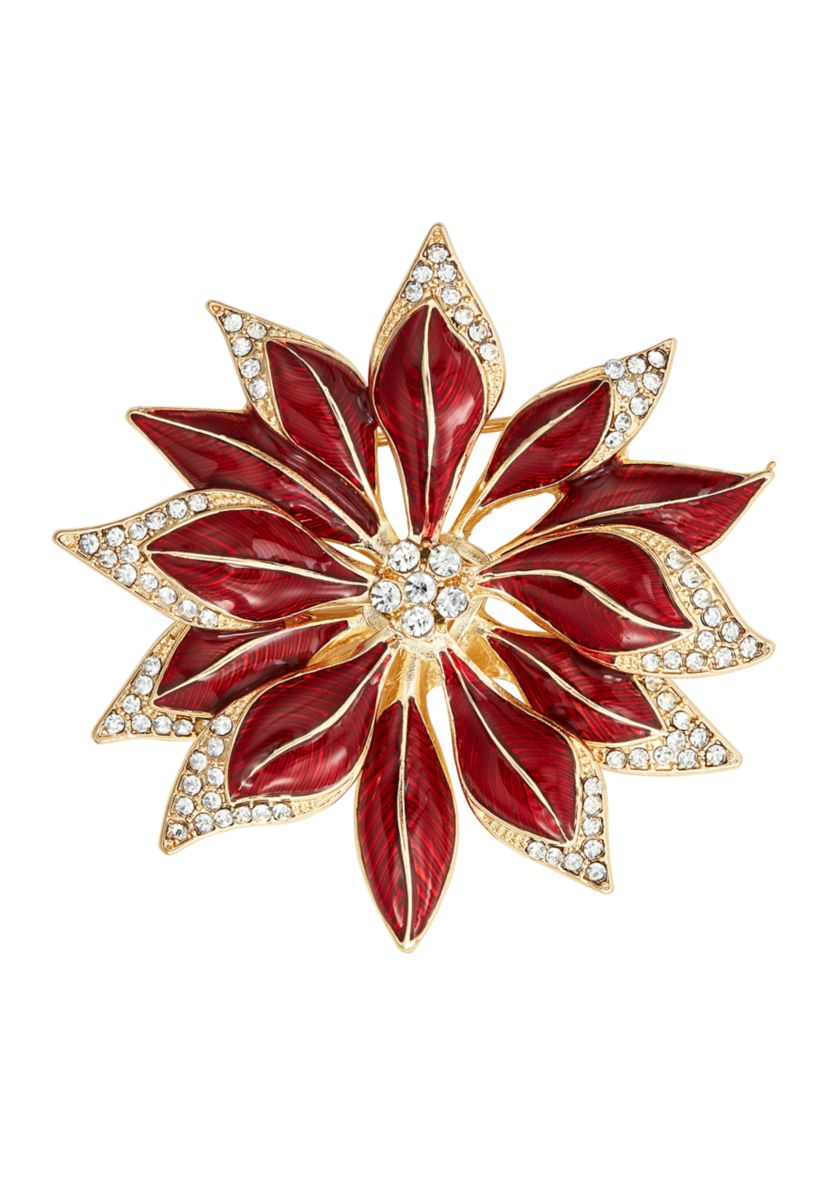 Gold Tone Red Poinsettia Pin 
