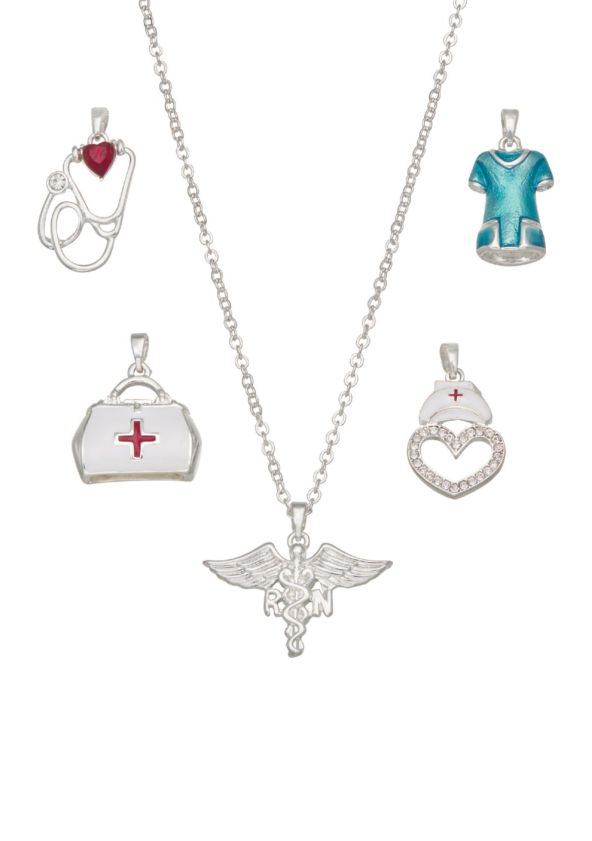 Silver Tone Healthcare Interchangeable Charm Pendant Necklace Set