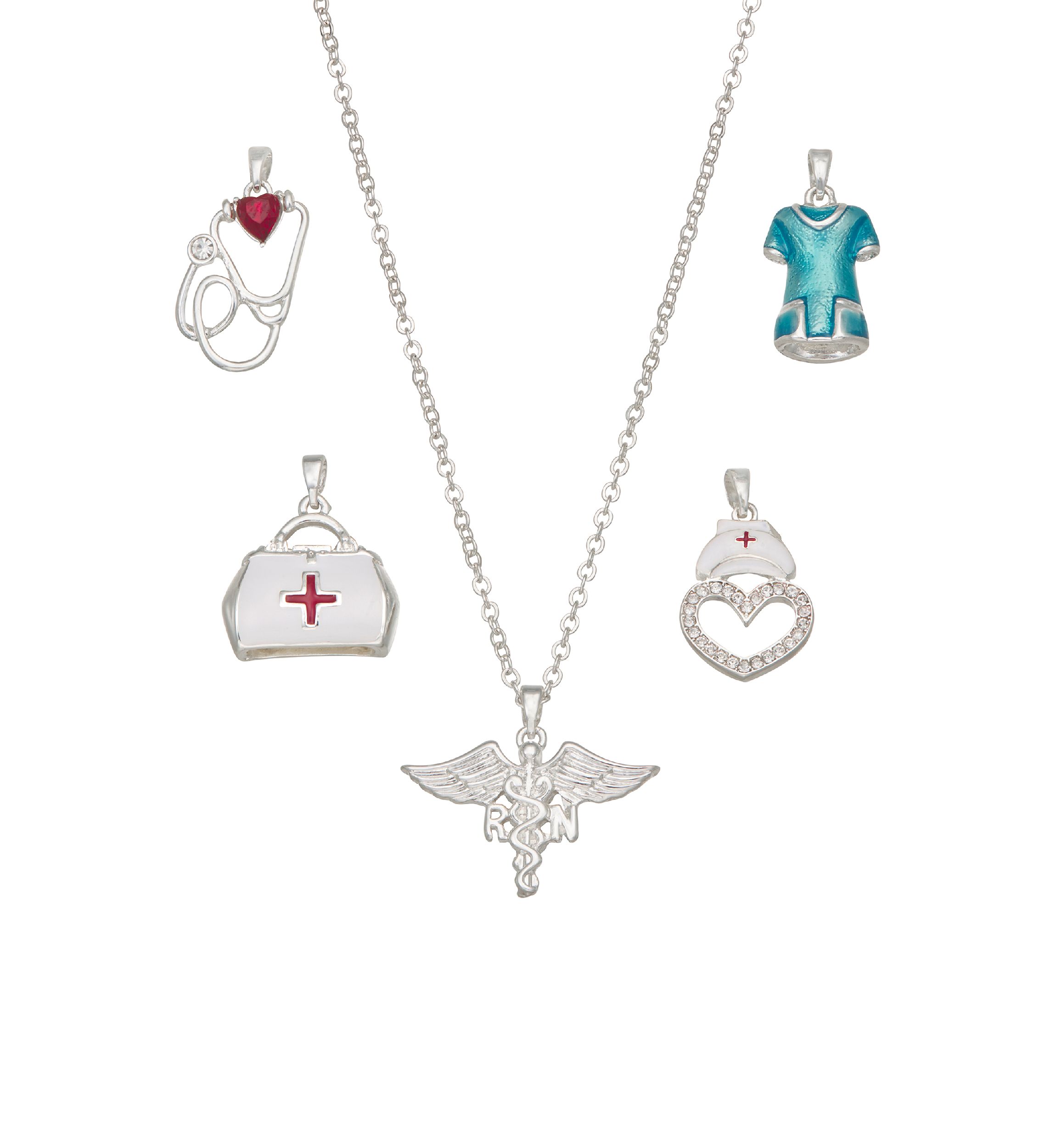Silver Tone Healthcare Interchangeable Charm Pendant Necklace Set