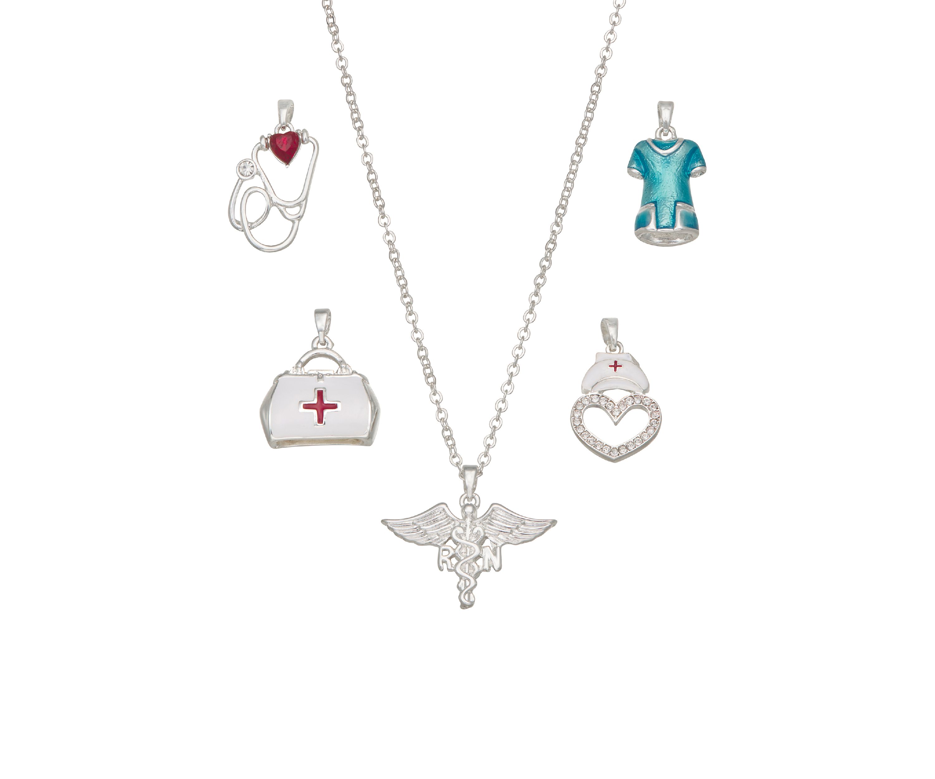 Silver Tone Healthcare Interchangeable Charm Pendant Necklace Set