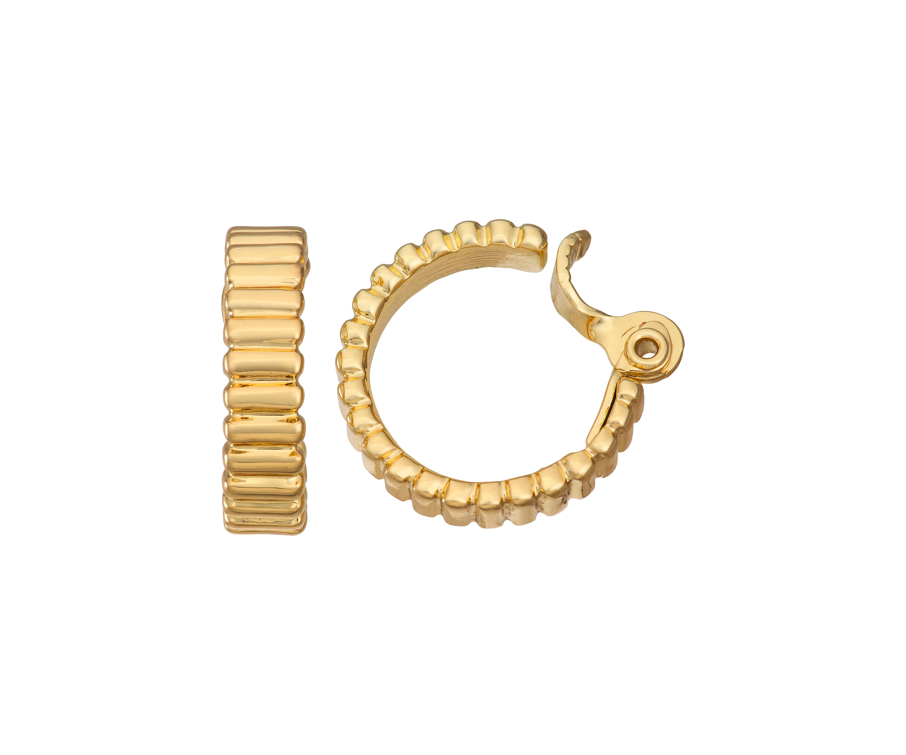 Gold Tone 22 Millimeter Fluted Line Hoop Clip Earrings