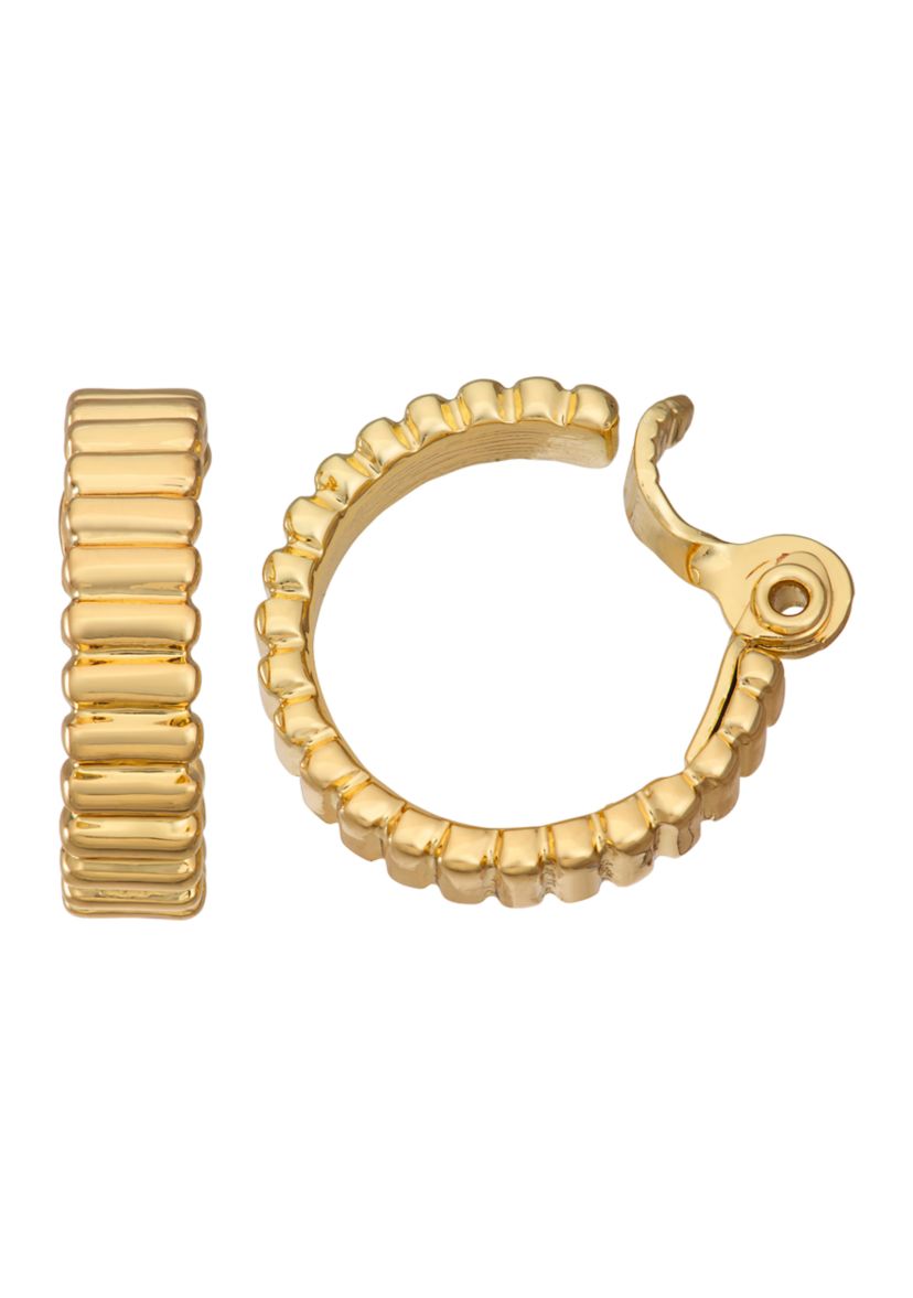 Gold Tone 22 Millimeter Fluted Line Hoop Clip Earrings