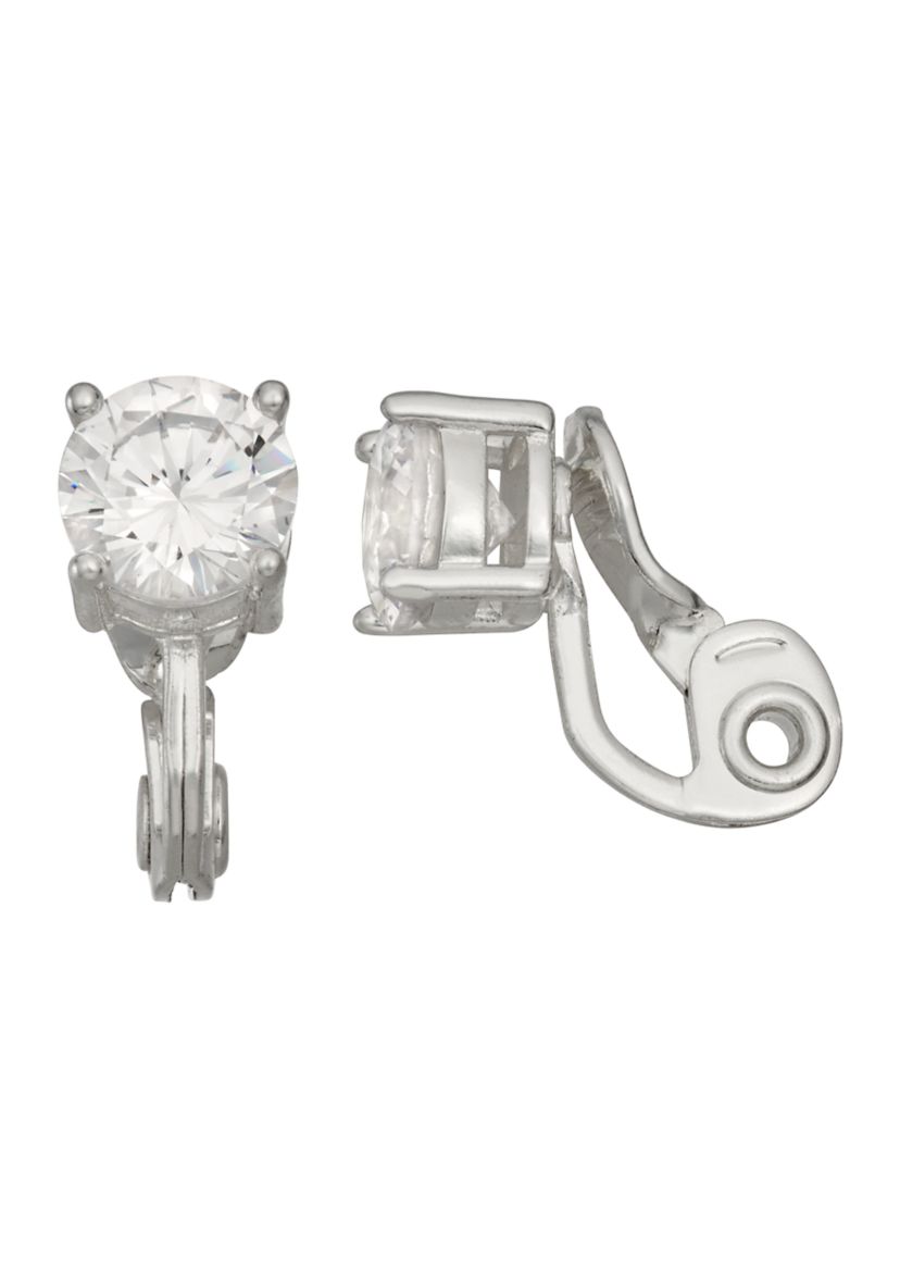 Silver Tone Cubic Zirconia Crystal Social Button Clip Earrings