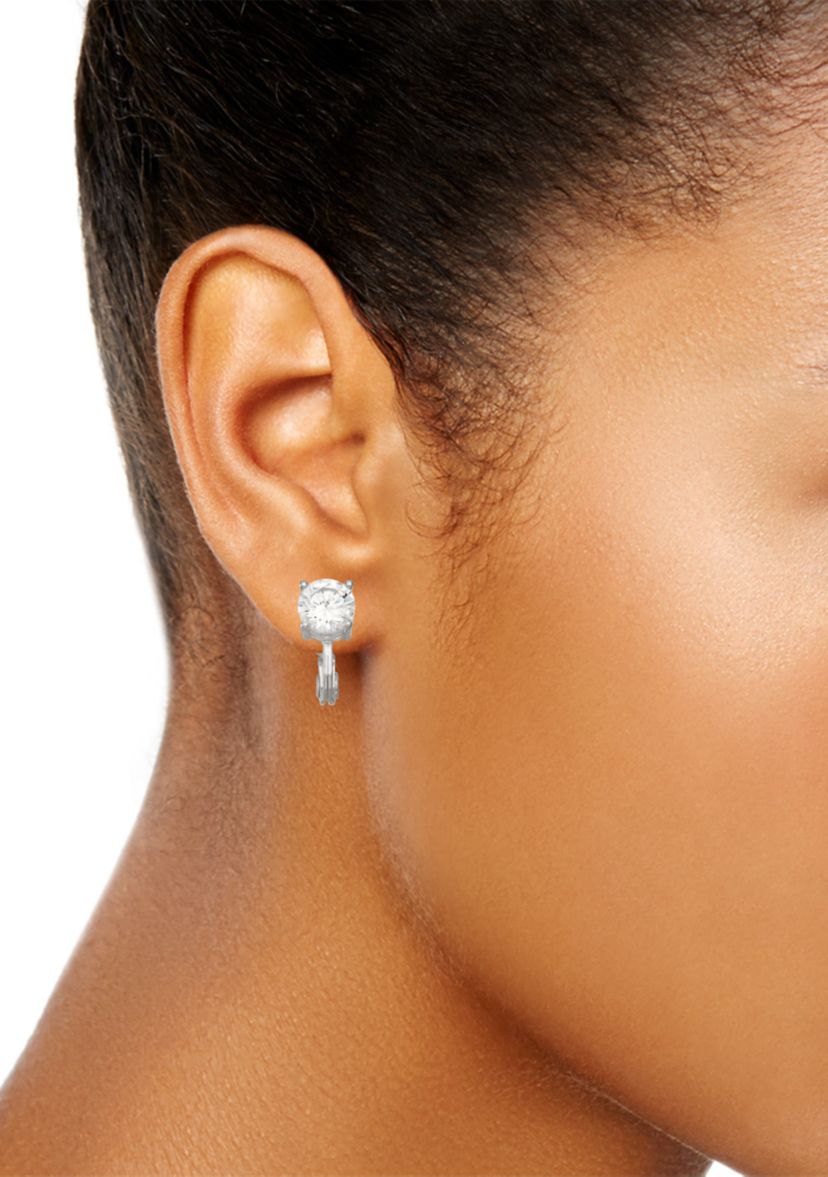 Silver Tone Cubic Zirconia Crystal Social Button Clip Earrings