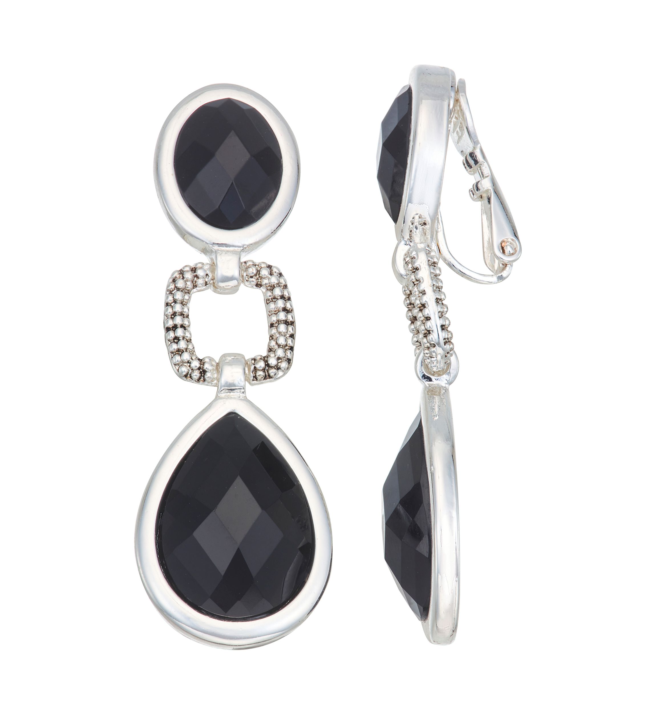 Silver Tone Black Linear Clip Earrings