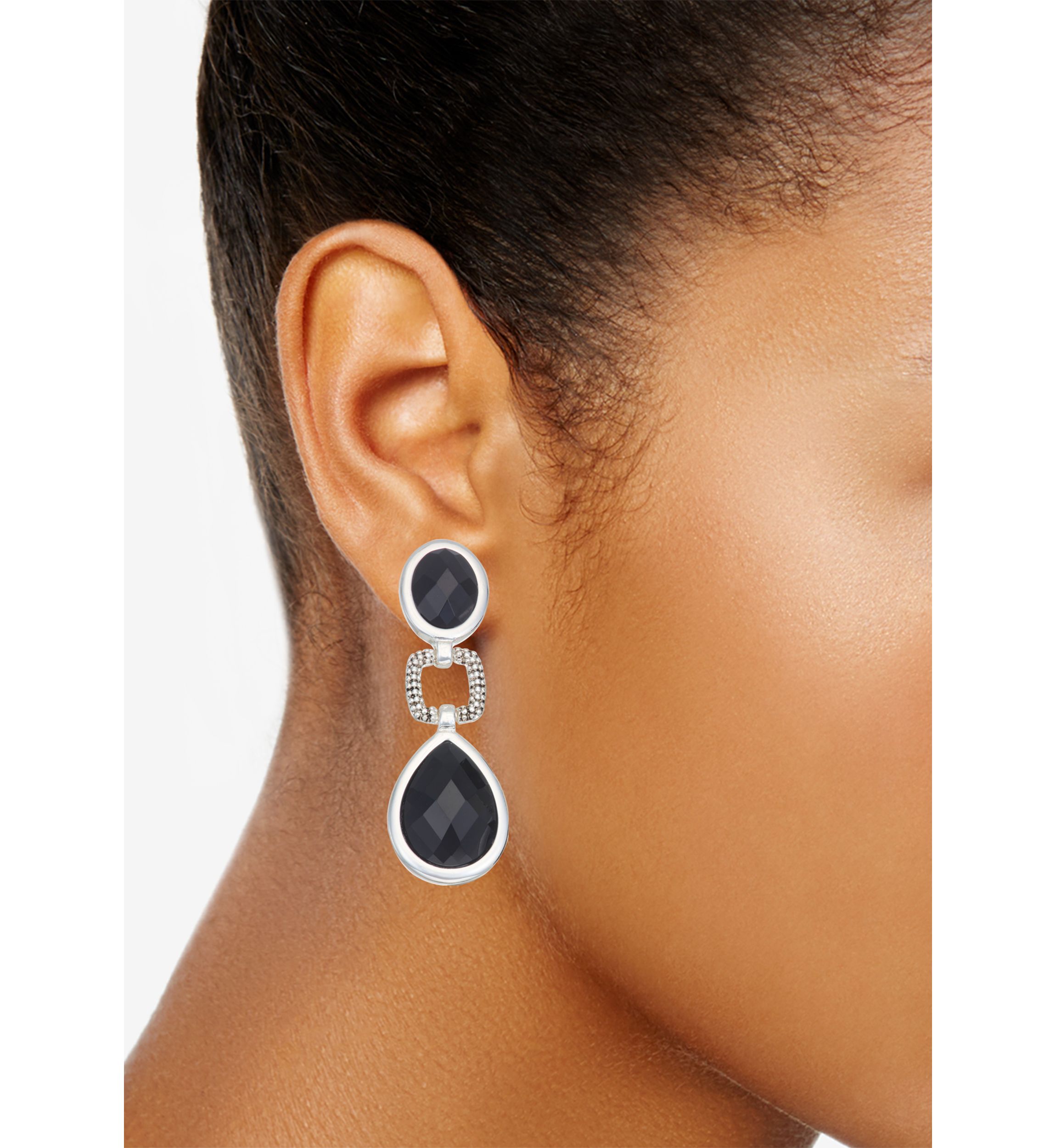 Silver Tone Black Linear Clip Earrings