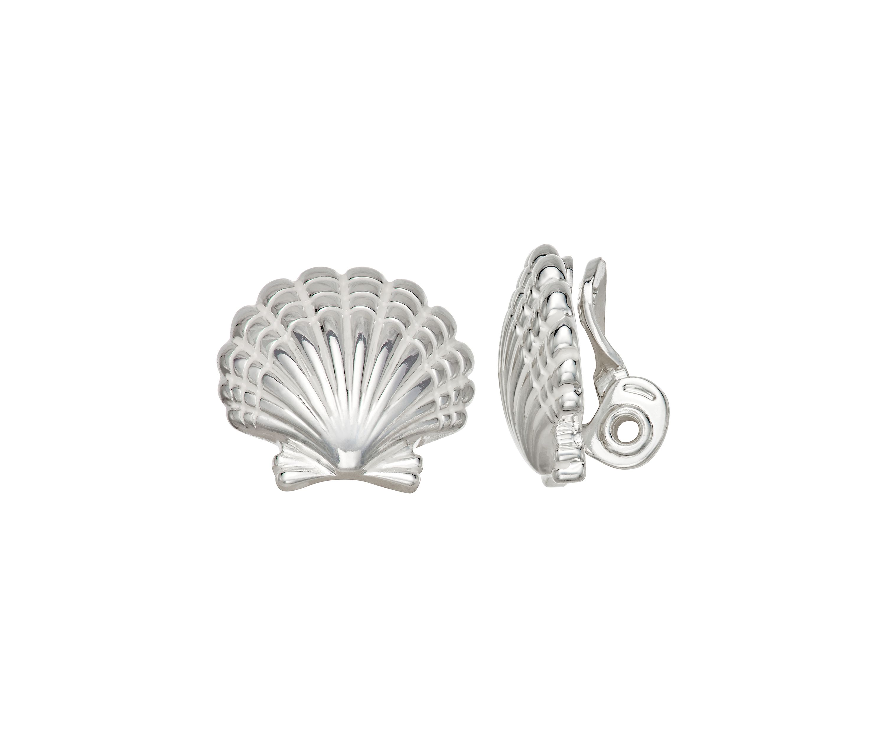 Silver Tone Seashell Stud Clip Earrings
