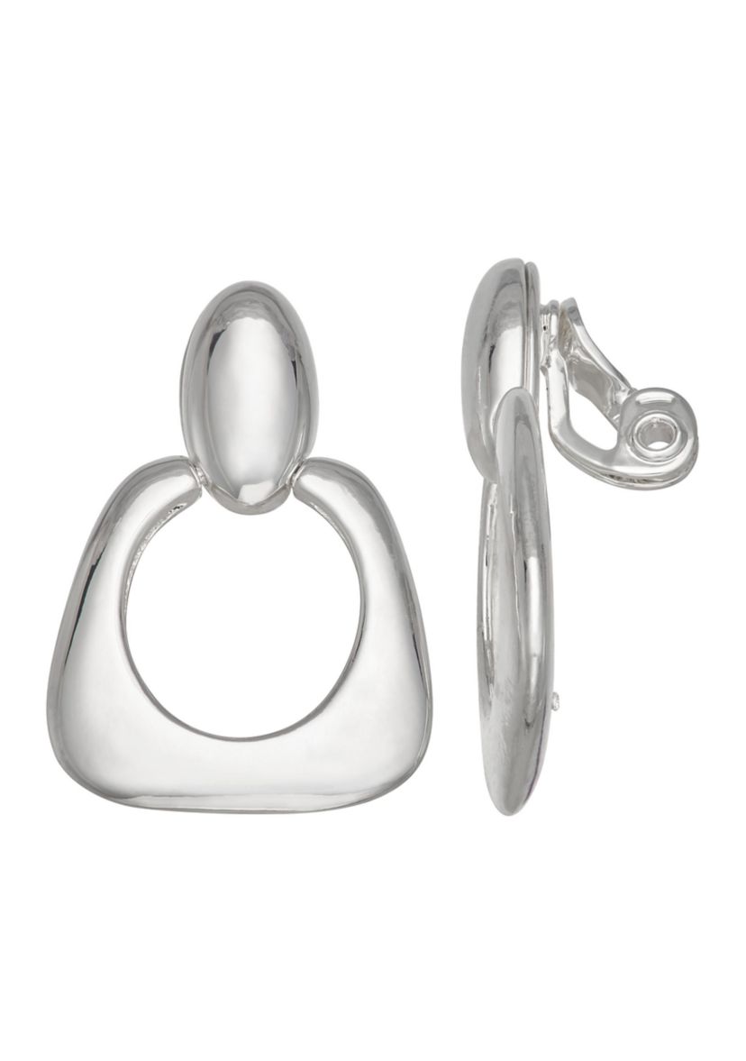 Silver Tone Oval Drop Clip Earrings
