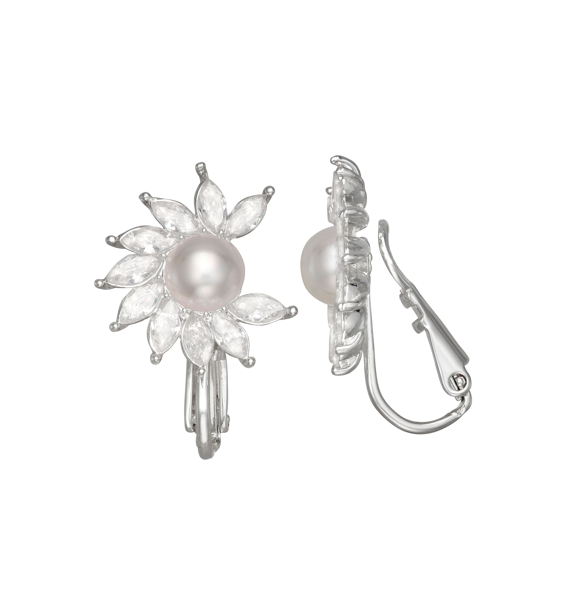Silver Tone Crystal Pearl Drop Clip Earrings