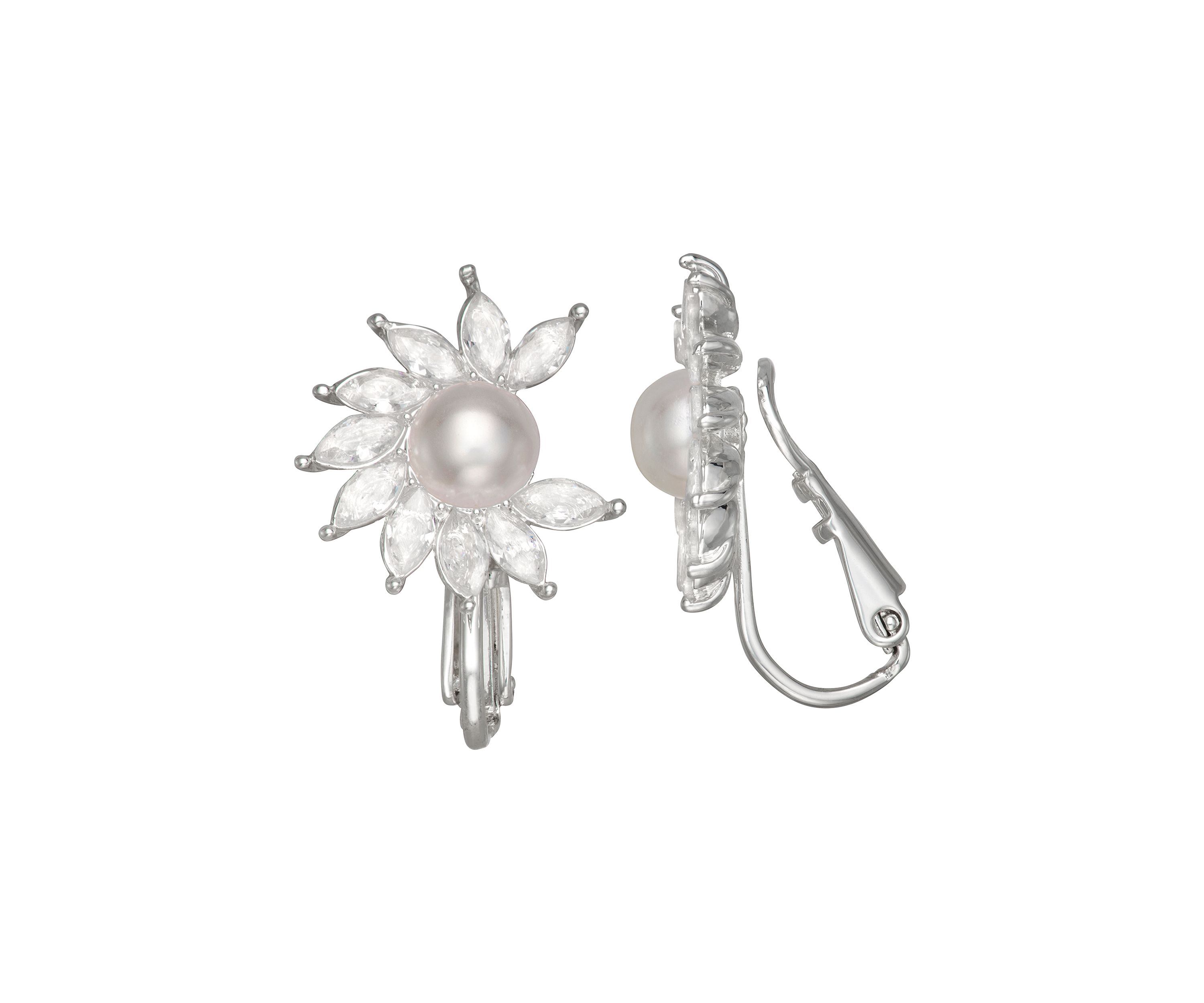 Silver Tone Crystal Pearl Drop Clip Earrings