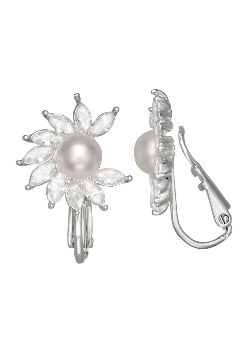 Silver Tone Crystal Pearl Drop Clip Earrings