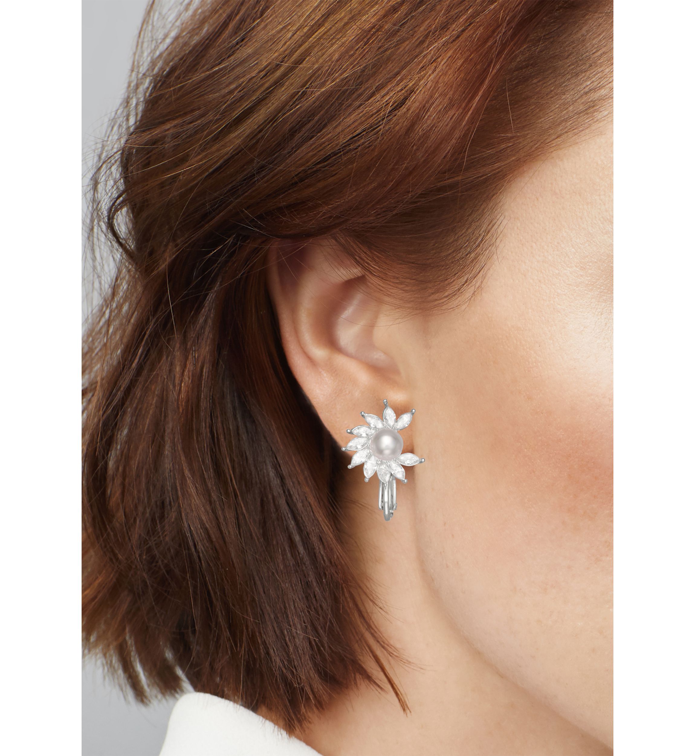Silver Tone Crystal Pearl Drop Clip Earrings