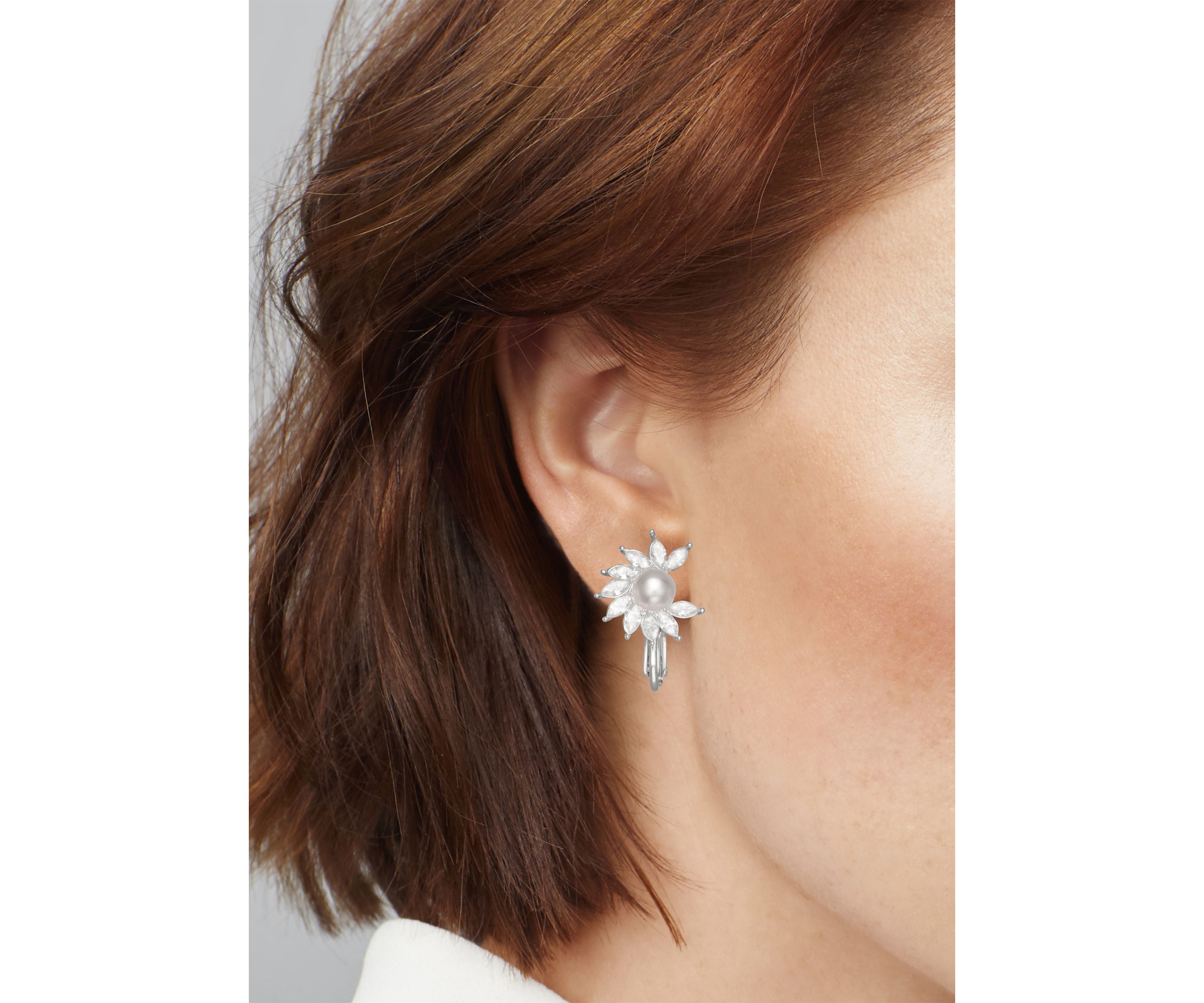 Silver Tone Crystal Pearl Drop Clip Earrings