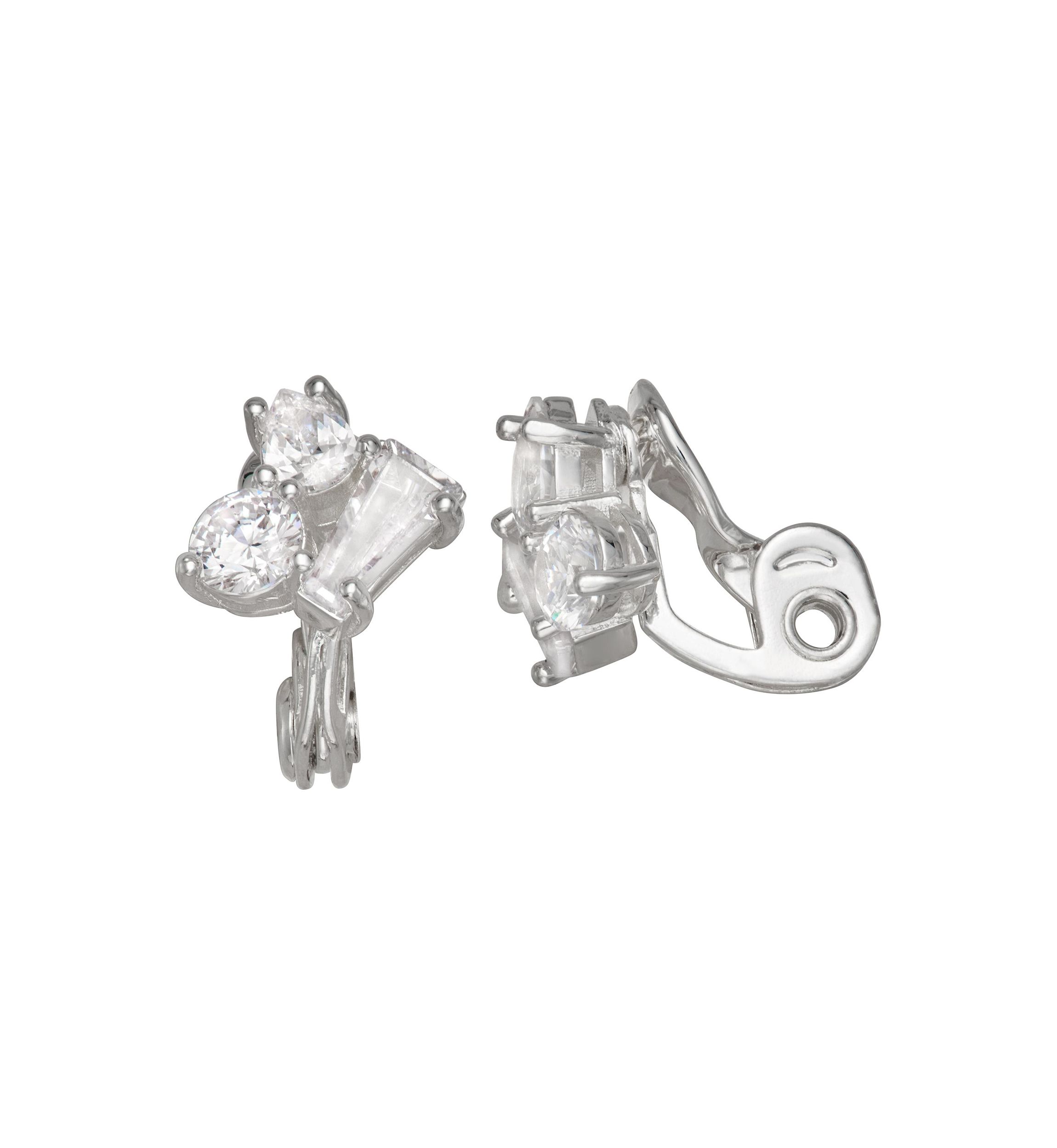 Silver Tone Crystal Stone Stud Clip Earrings