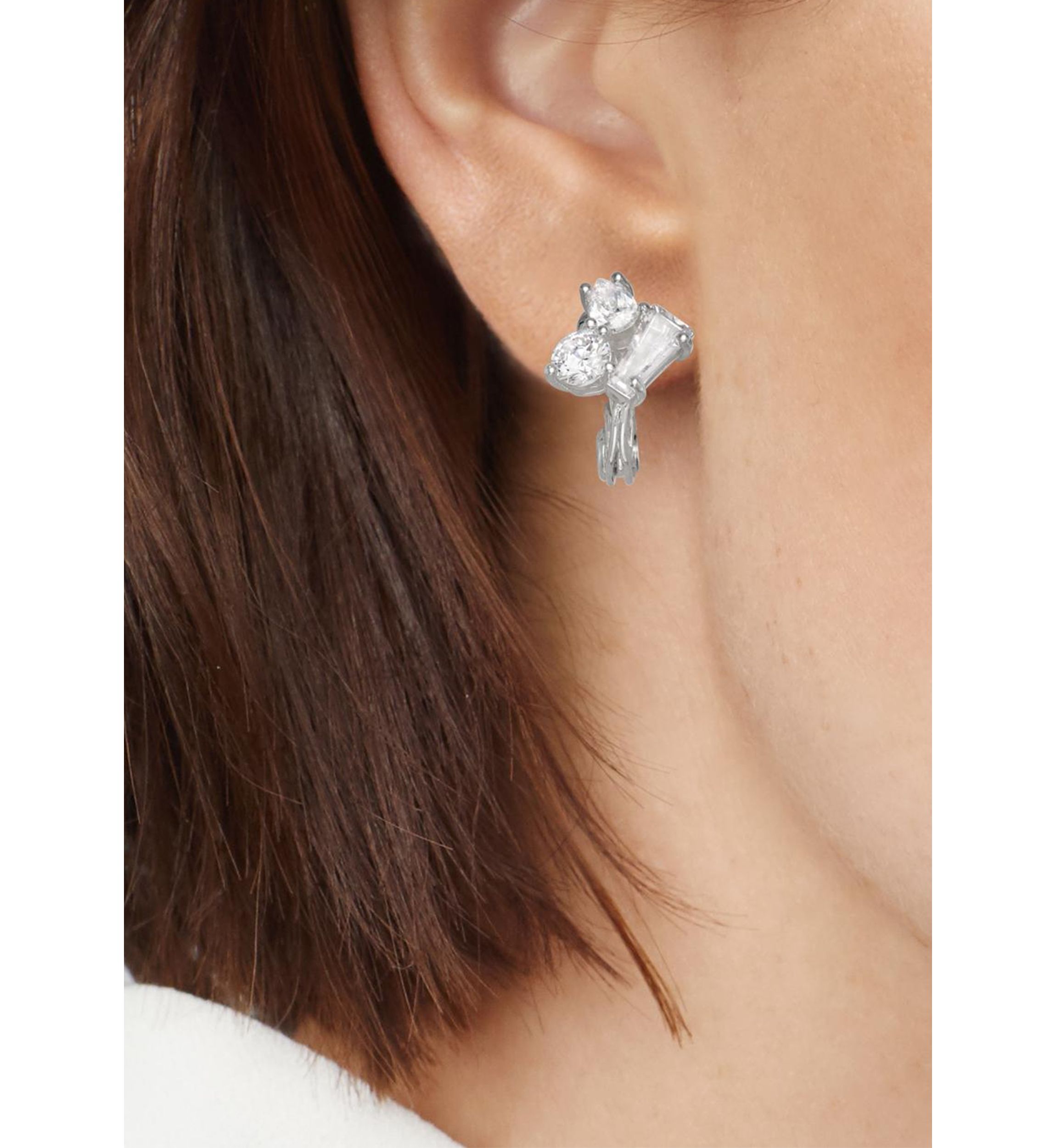 Silver Tone Crystal Stone Stud Clip Earrings