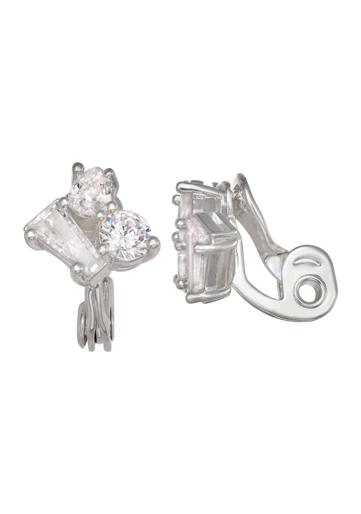Silver Tone Crystal Stud Clip Earrings
