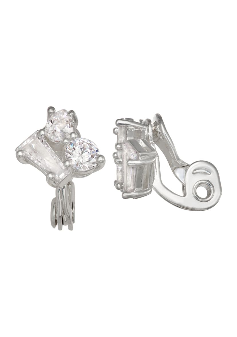 Silver Tone Crystal Stud Clip Earrings