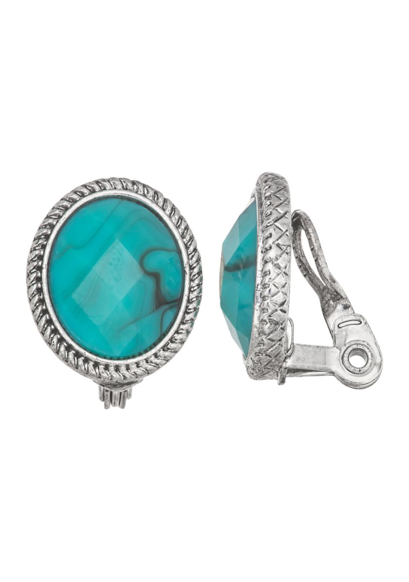 Silver Tone Turquoise Stud Clip Earrings