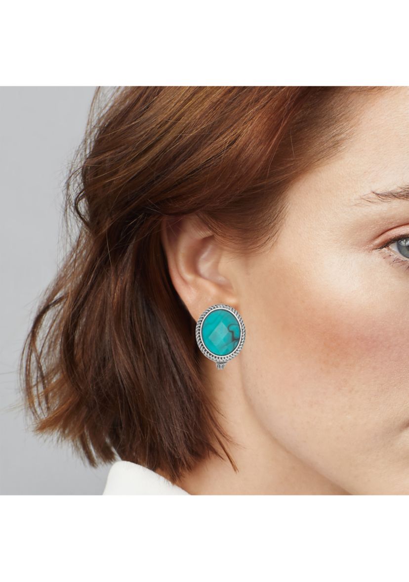 Silver Tone Turquoise Stud Clip Earrings