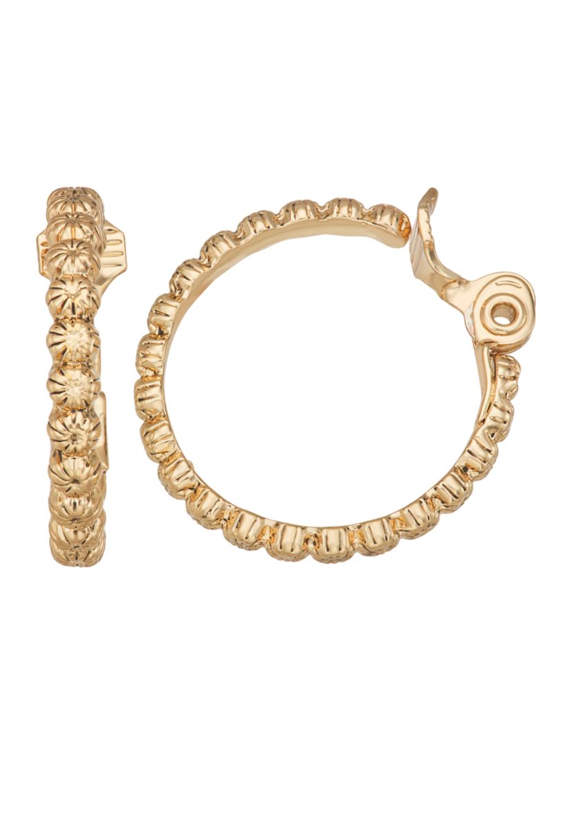 Gold Tone 24mm Textured EZ Comfort Clip Hoop Earrings