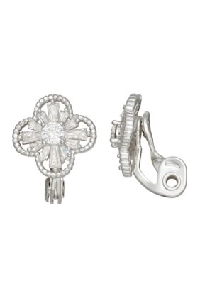 Napier Crystal Social Cubic Zirconia Flower Drop EZ Comfort Clip Earrings, Silver