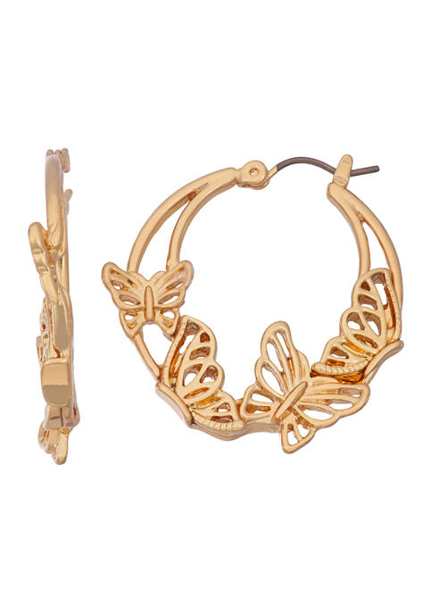 Gold Tone 30 Millimeter Butterfly Hoop Earrings