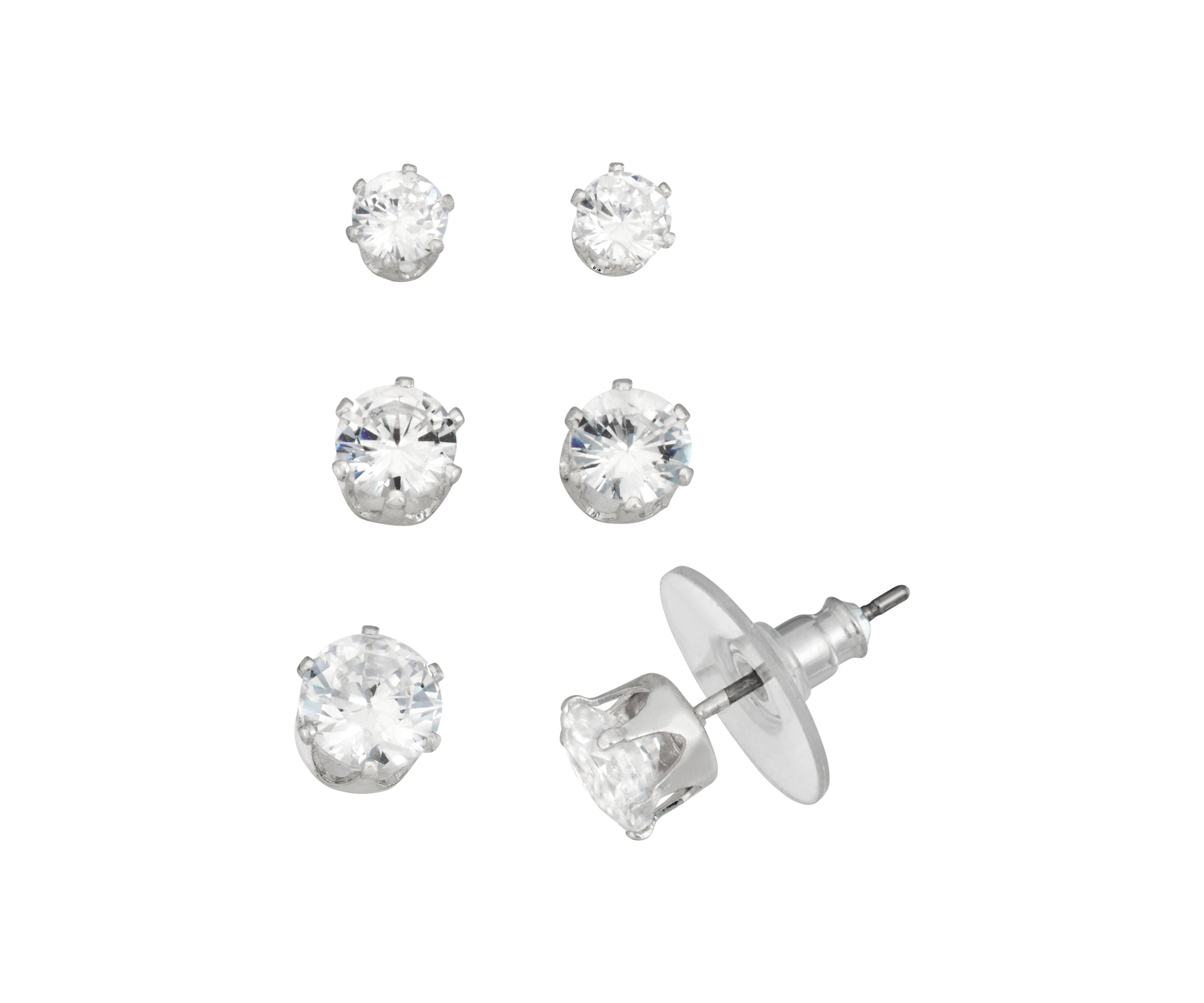 Silver Tone Crystal Stud Trio Earrings