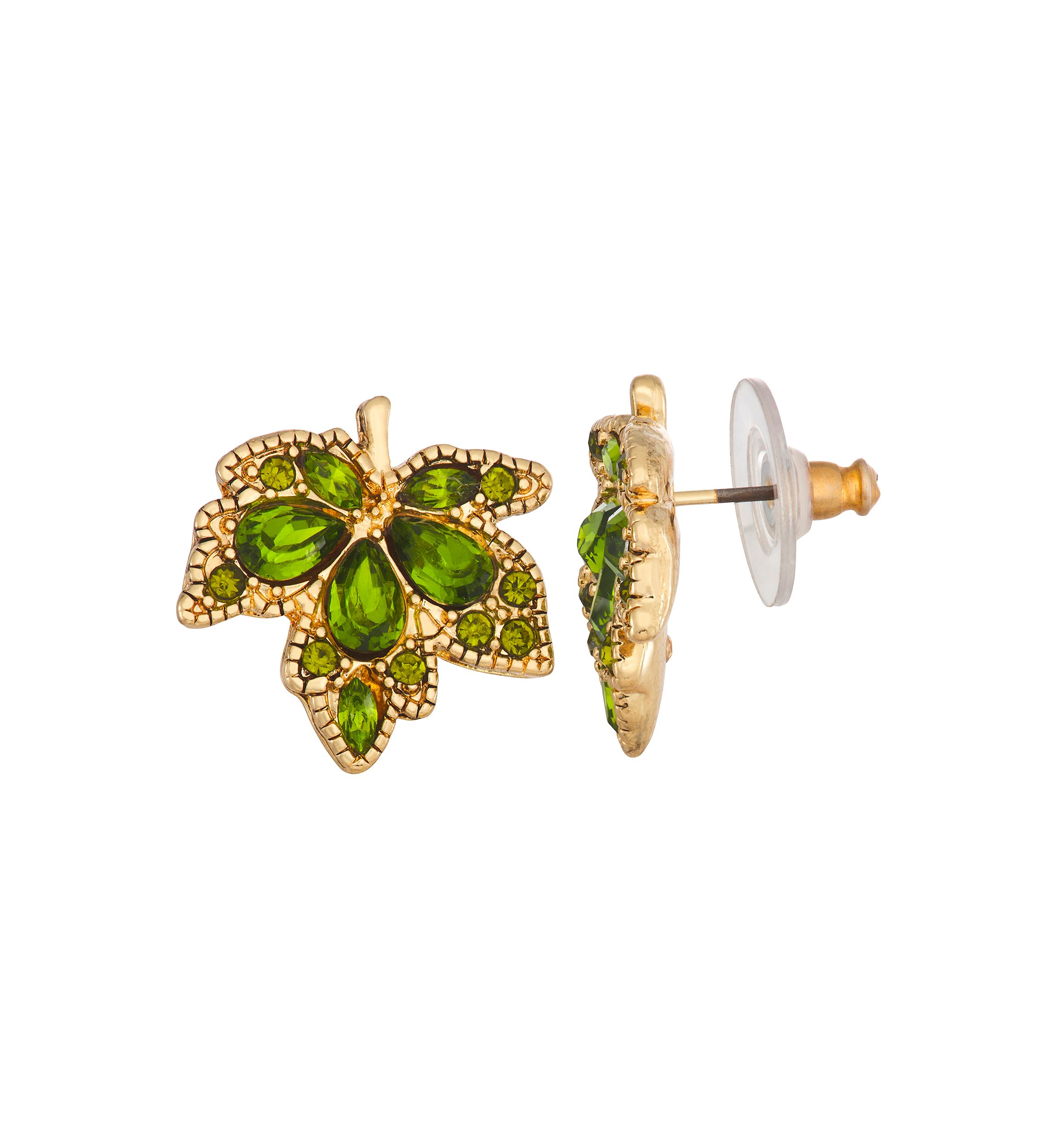 Gold Tone Green Leaf Button Earrings