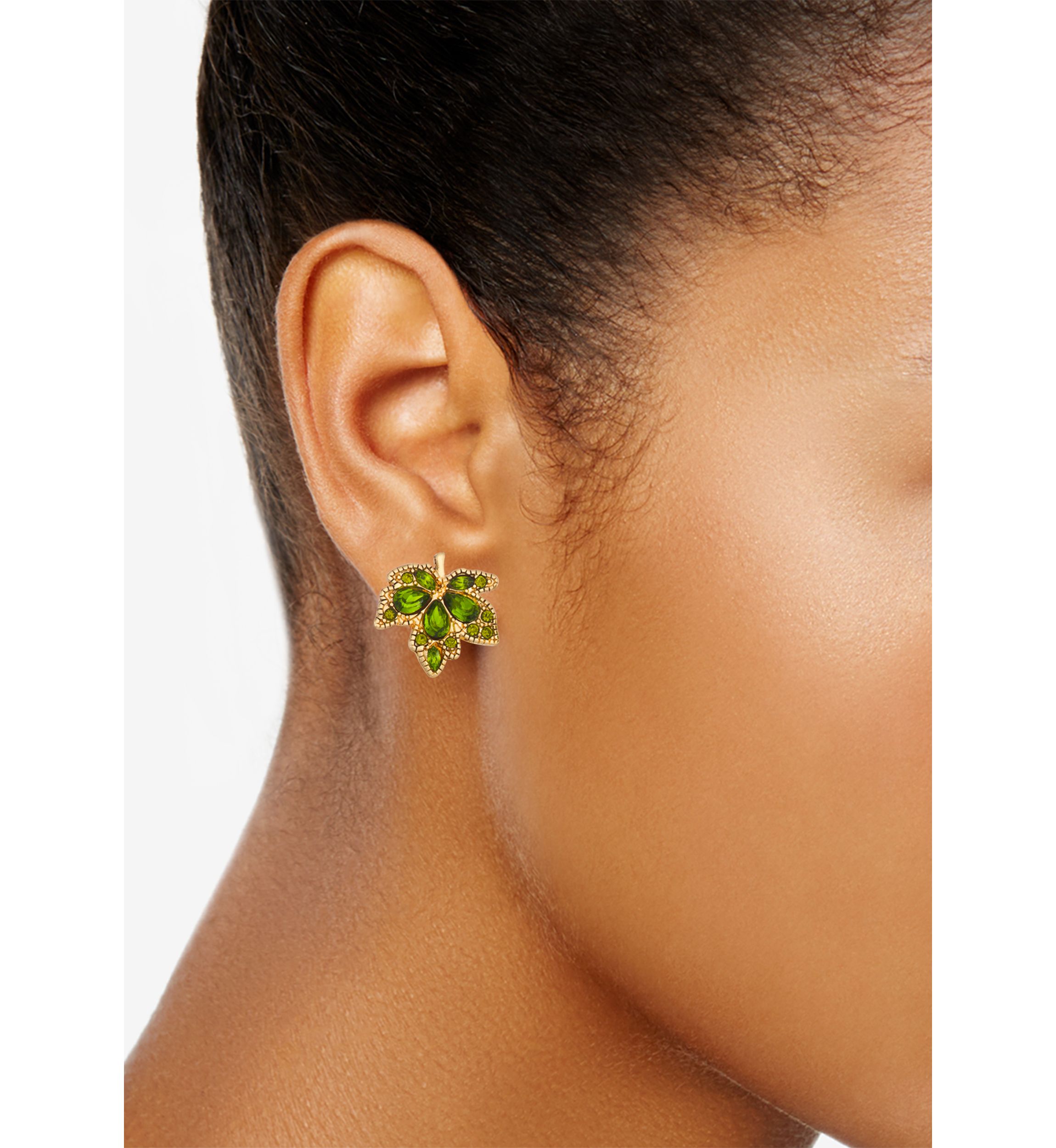 Gold Tone Green Leaf Button Earrings