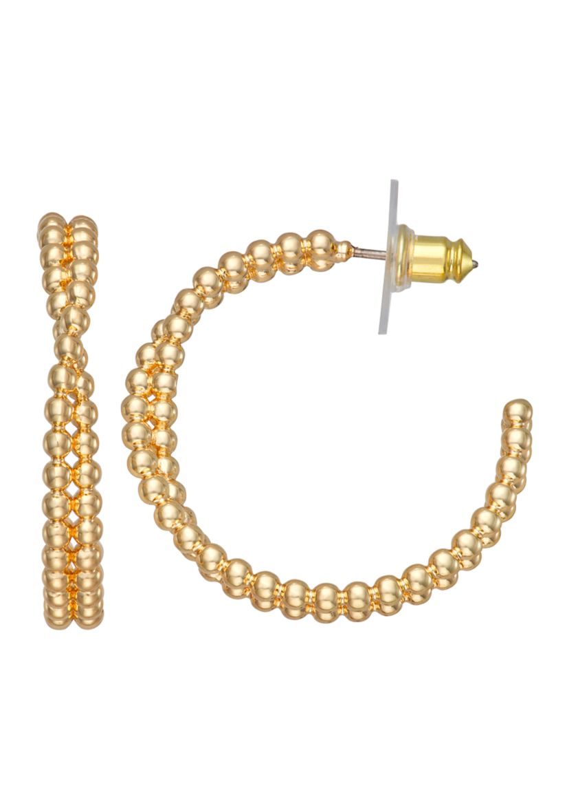 Gold Tone 23 Millimeter Beaded Twisted C Hoop Earrings