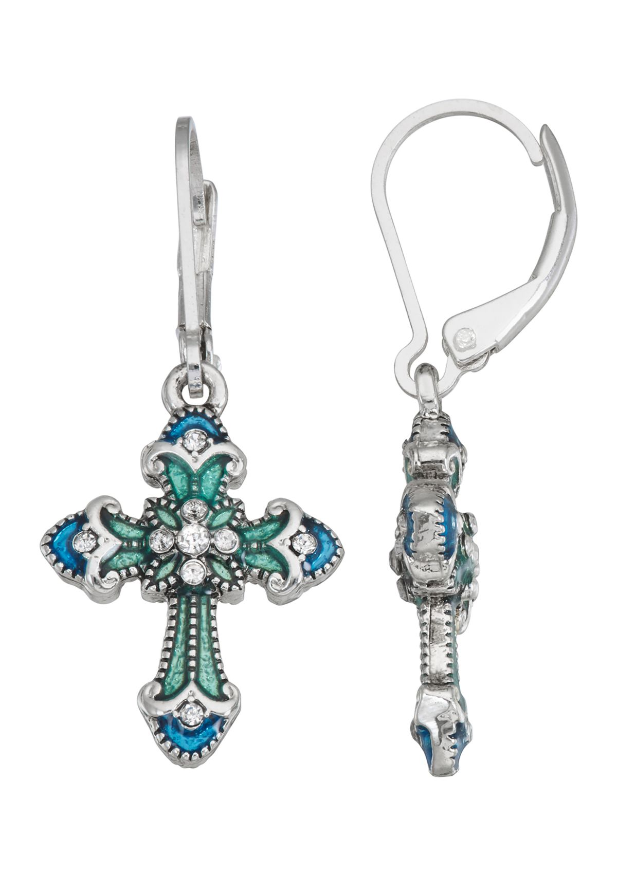 Silver Tone Blue Cross Drop Earrings