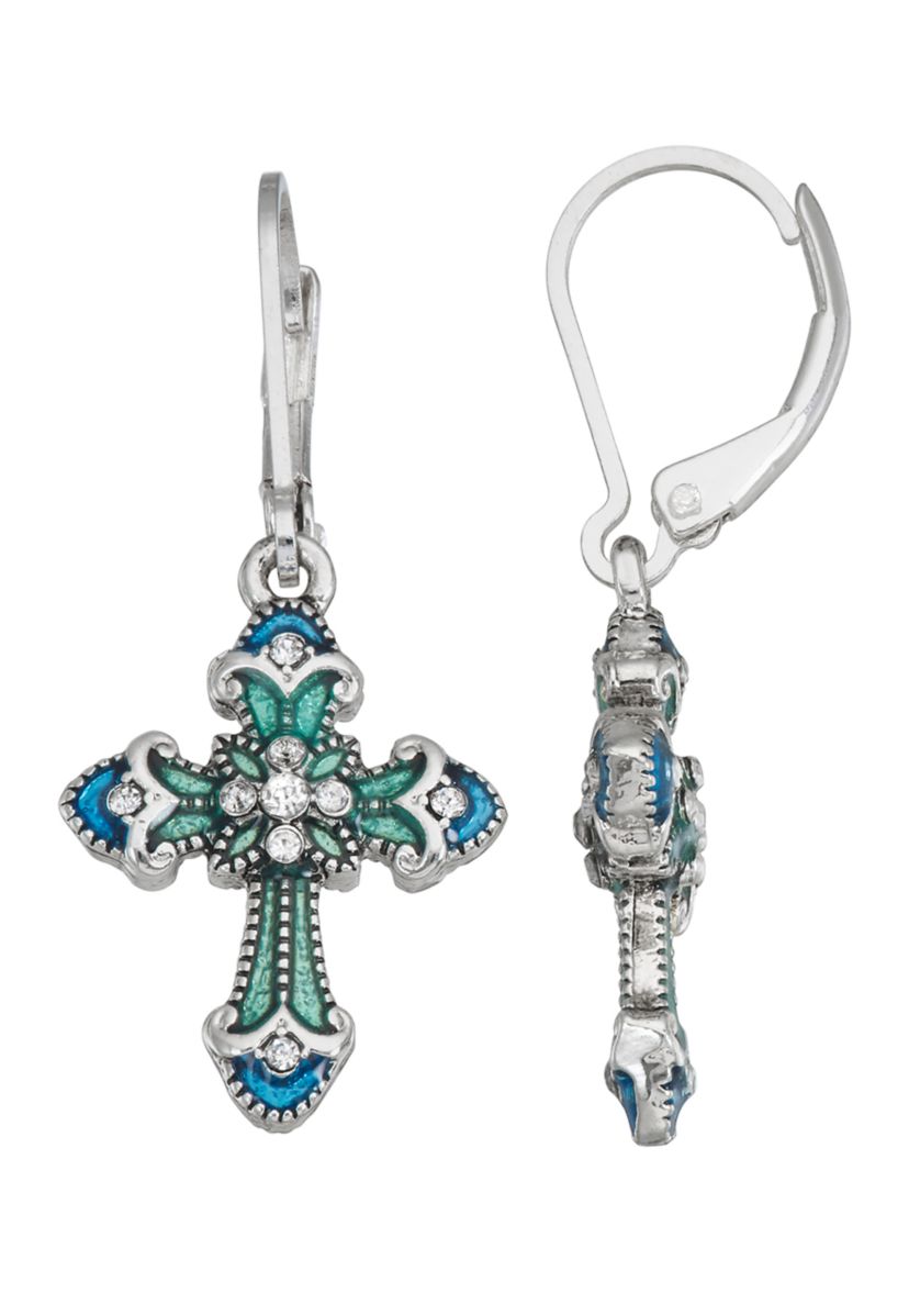 Silver Tone Blue Cross Drop Earrings