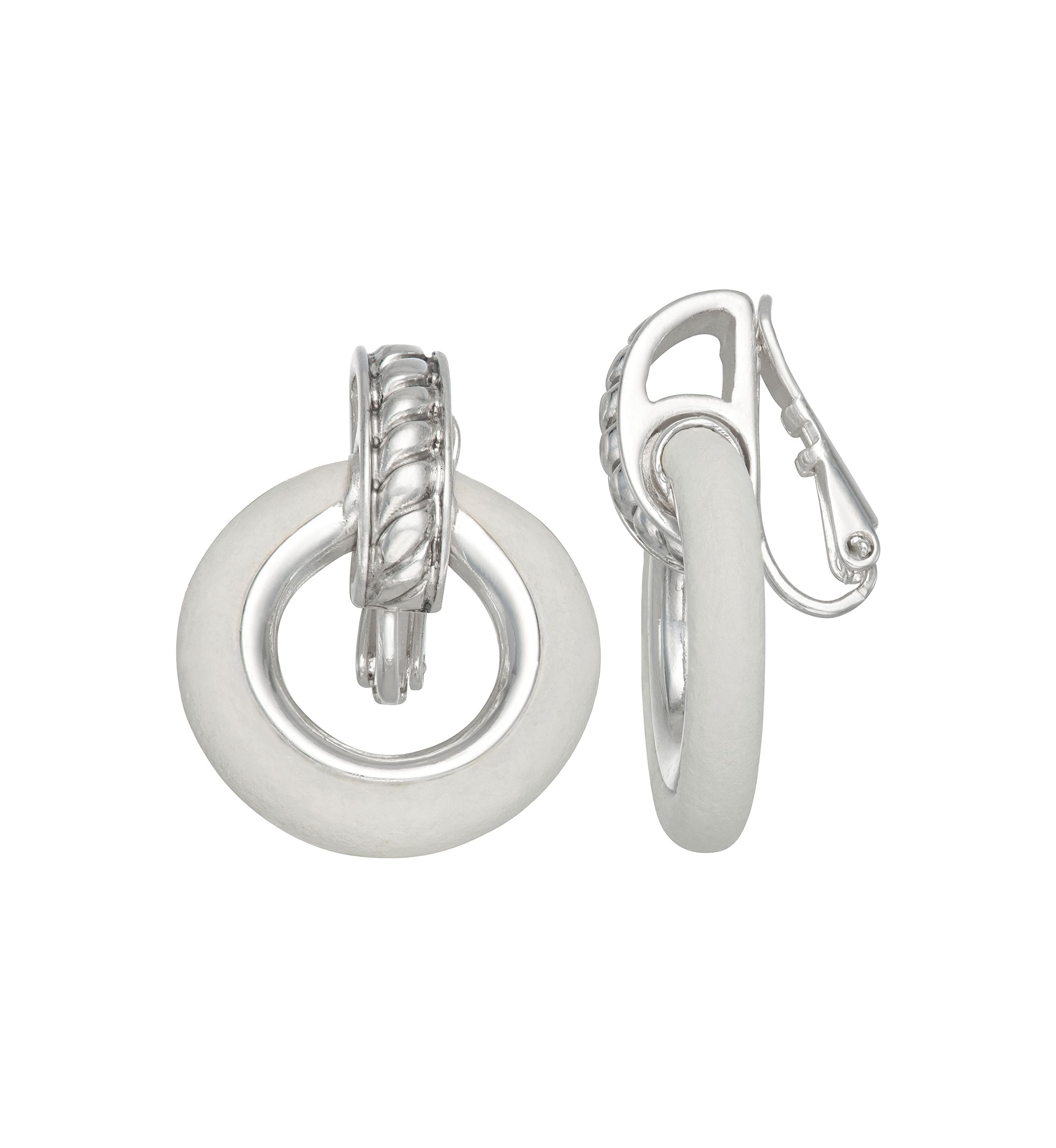 Silver Tone Leather Doorknocker Clip Earrings