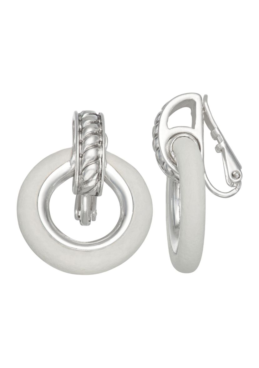 Silver Tone Leather Doorknocker Clip Earrings