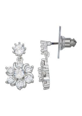 Silver Tone Crystal Cubic Zirconia Flower Drop Earrings