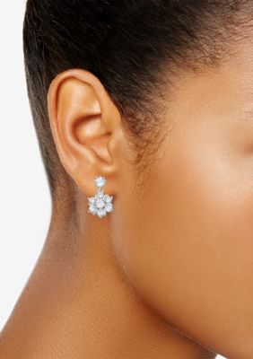 Silver Tone Crystal Cubic Zirconia Flower Drop Earrings