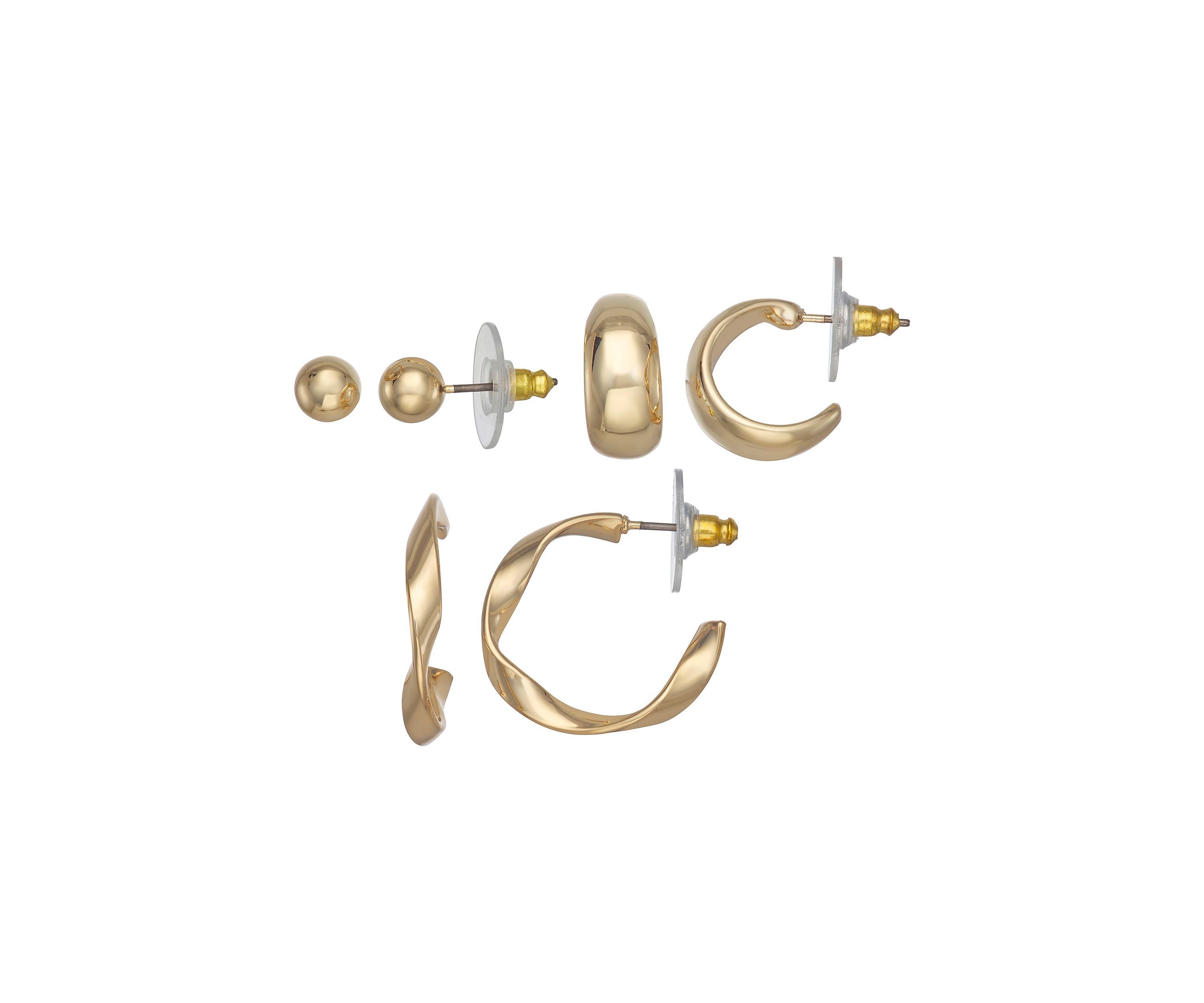 Gold Tone Stud Hoop Trio Earrings