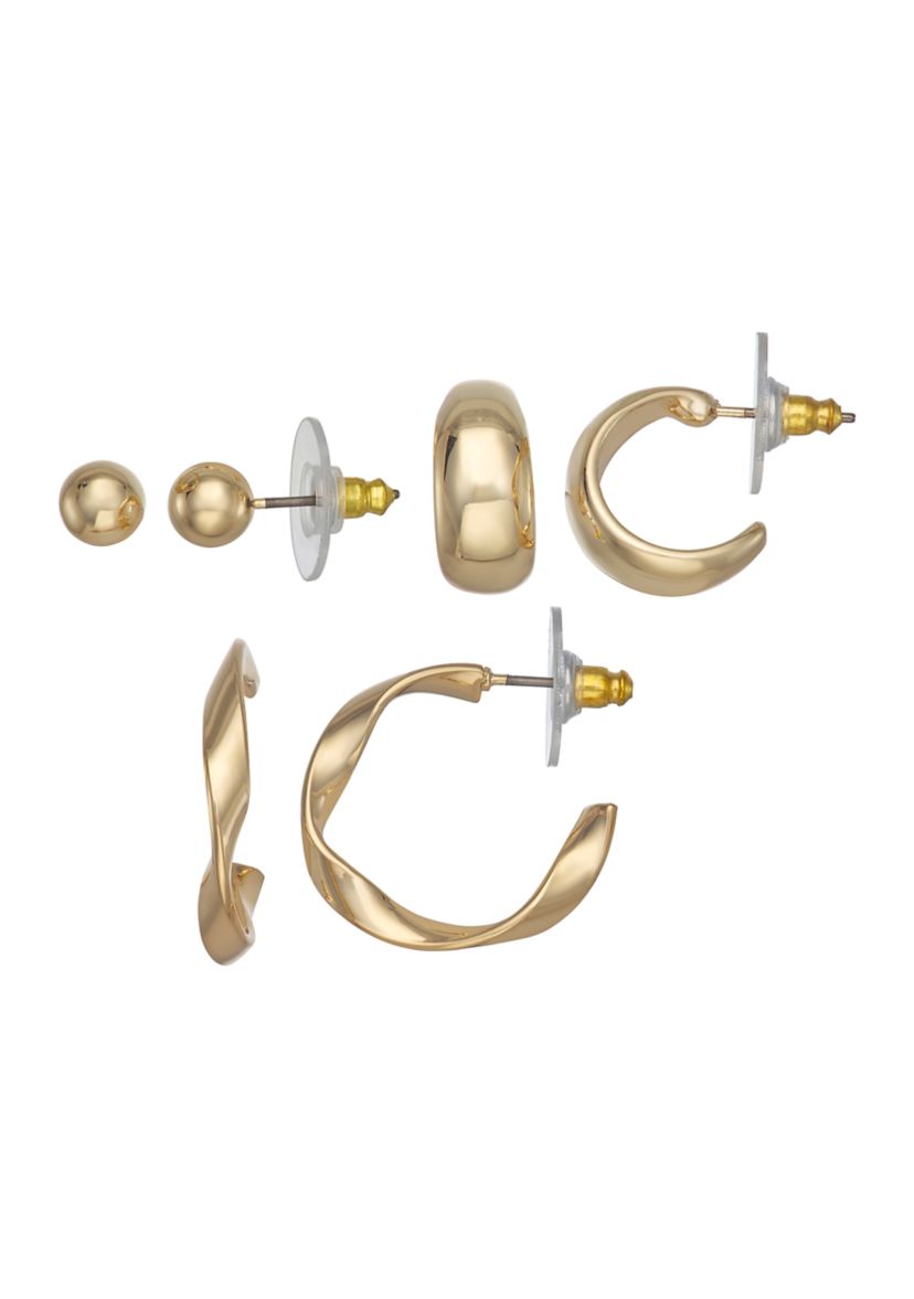 Gold Tone Stud Hoop Trio Earrings
