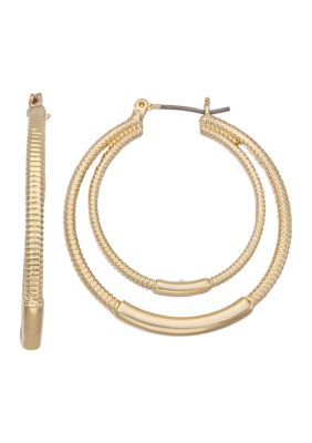 Gold Tone 30 Millimeter Texture Double Hoop Earrings