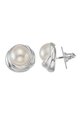 Silver Tone Pearl Stud Earrings