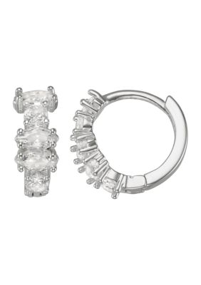 Silver Tone Crystal Cubic Zirconia Stone Hoop Earrings