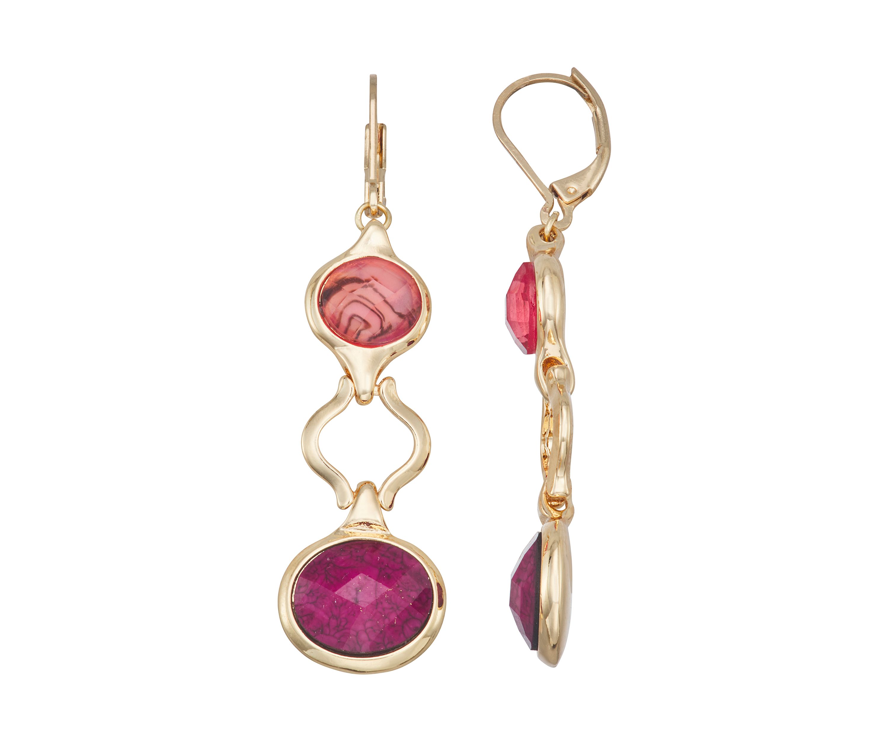 Gold Tone Burgundy Double Drop Earrings
