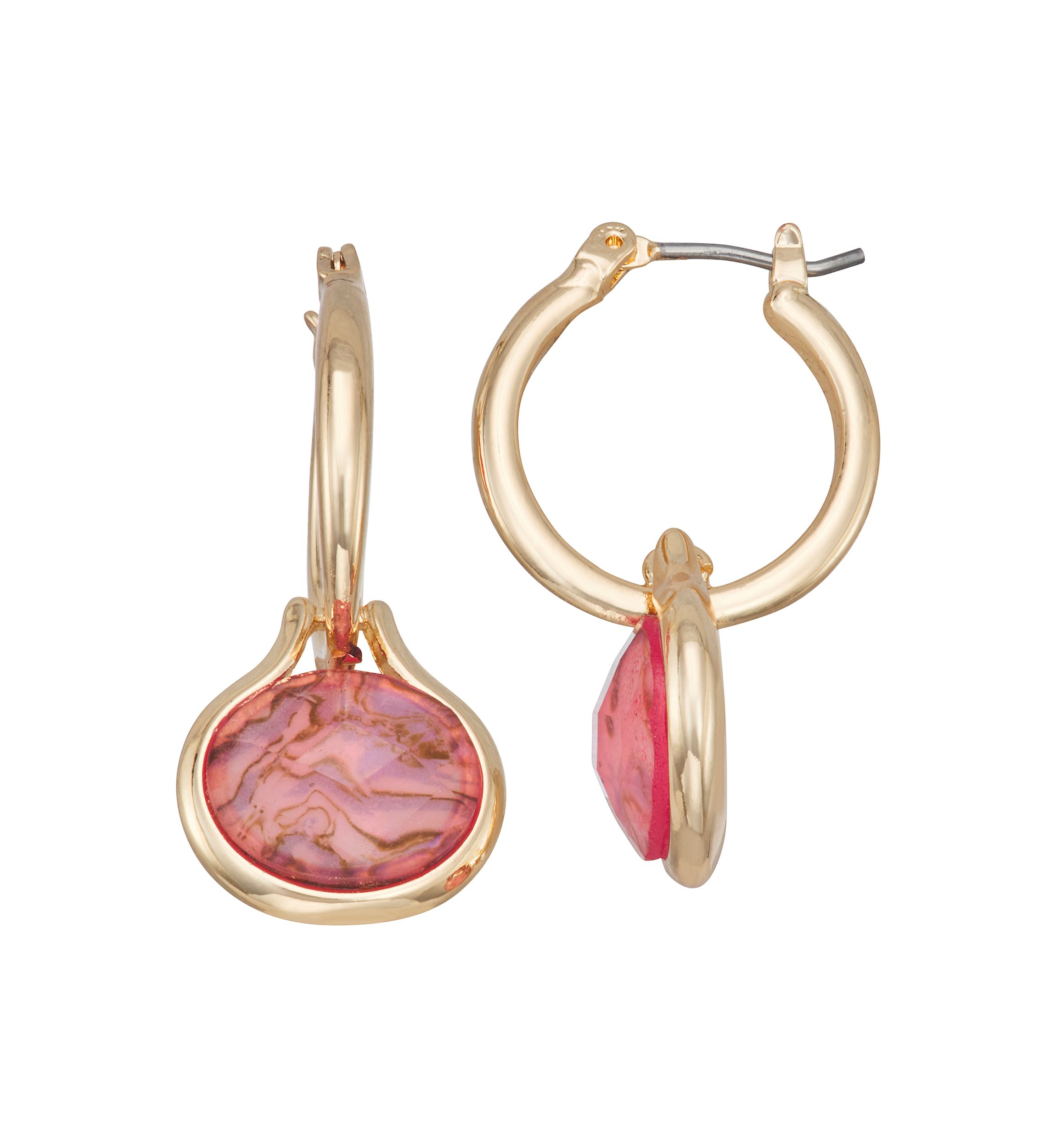 Gold Tone Burgundy Hoop Drop Earrings