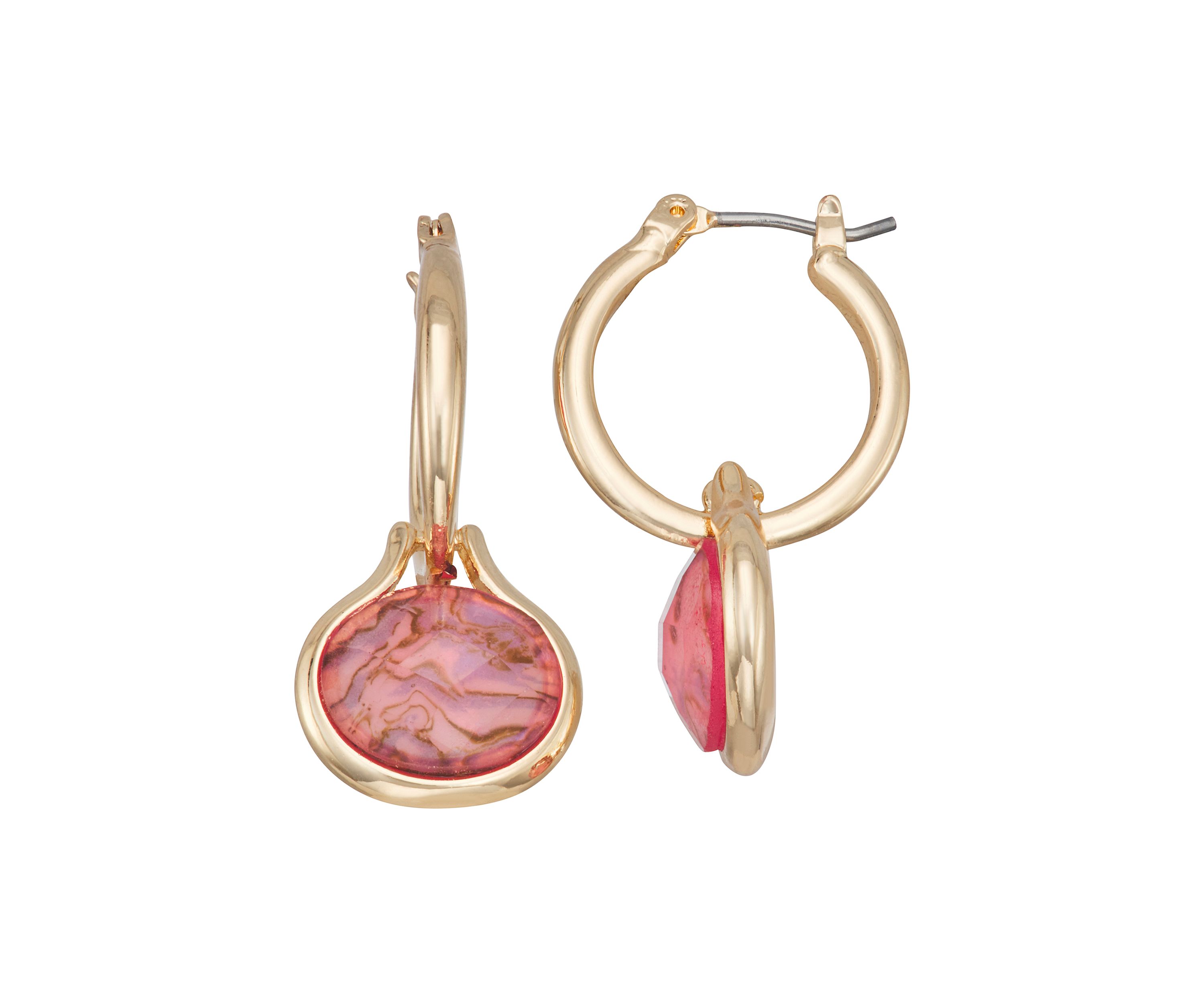 Gold Tone Burgundy Hoop Drop Earrings