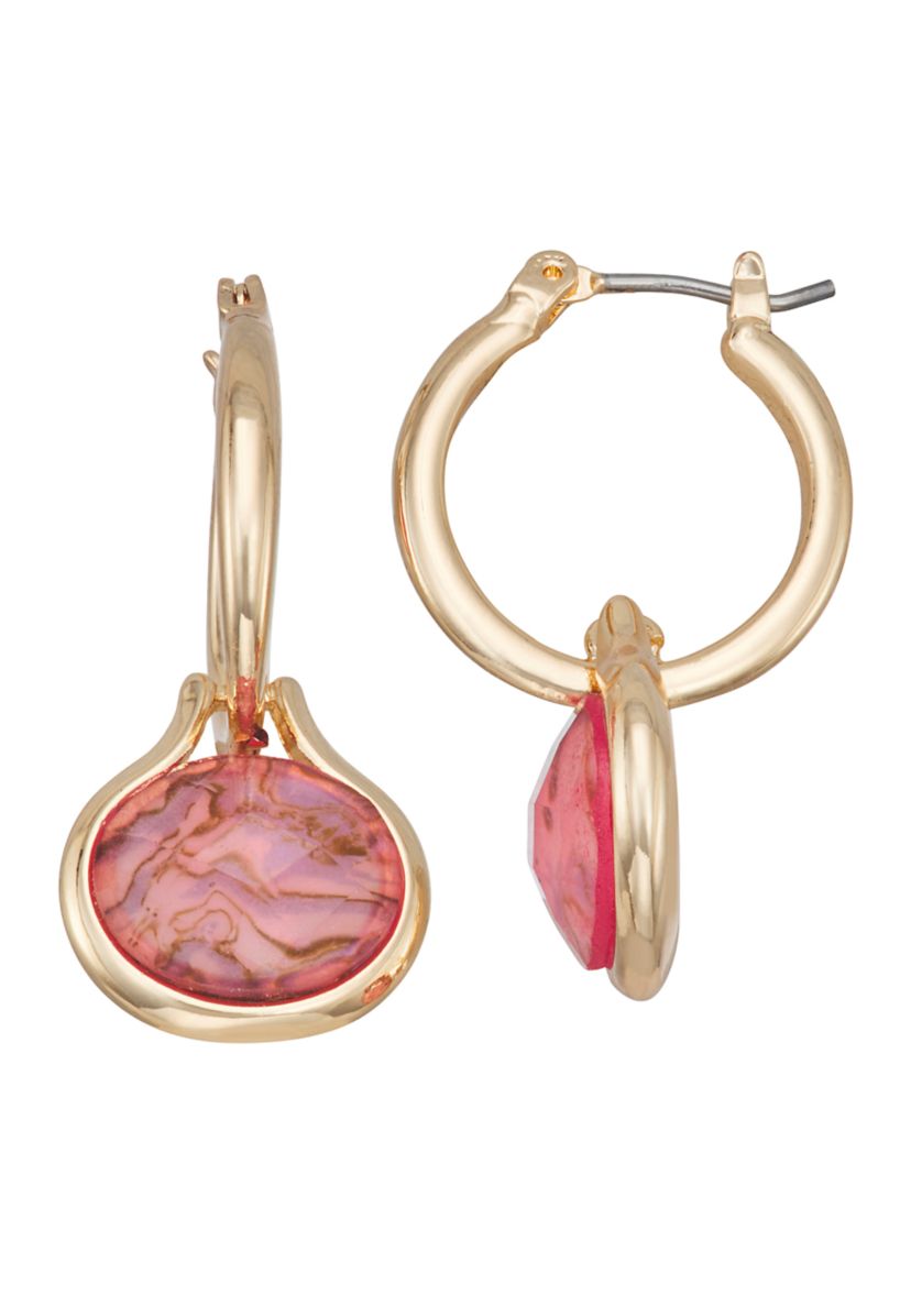 Gold Tone Burgundy Hoop Drop Earrings