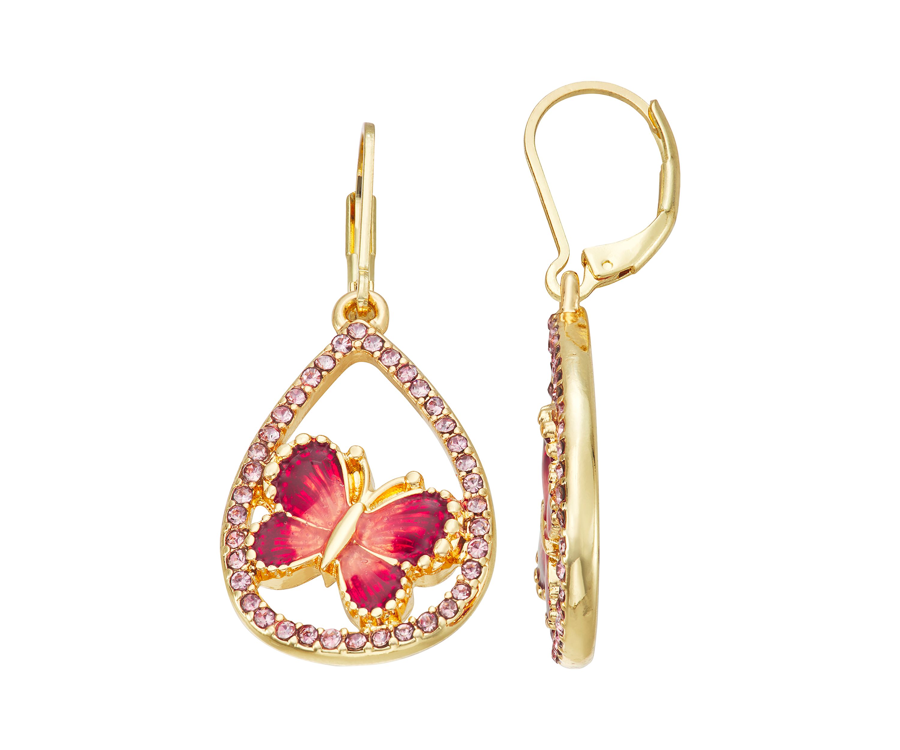 Gold Tone Pink Butterfly Drop Earrings