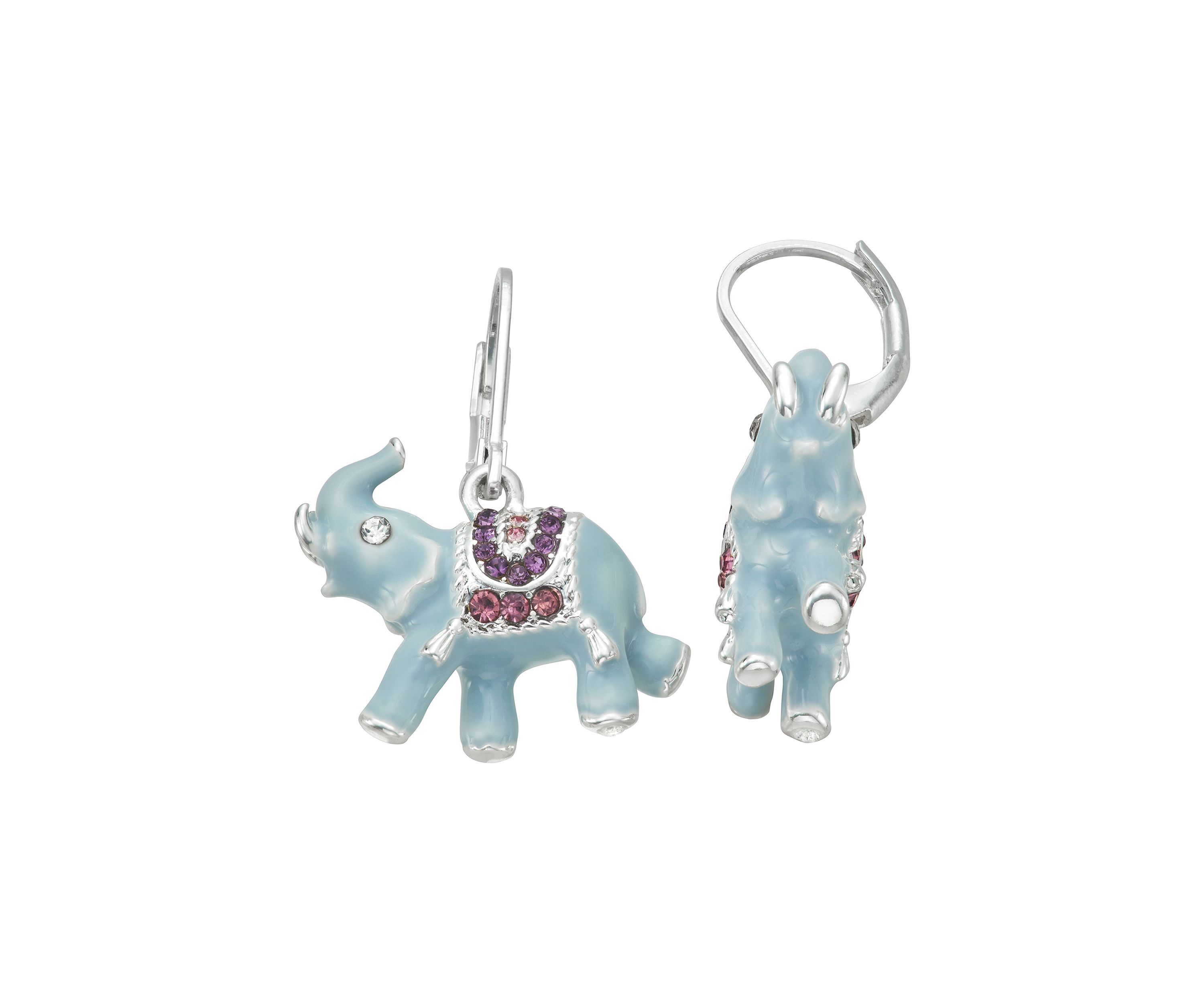 Silver Tone Blue Elephant Drop Earrings