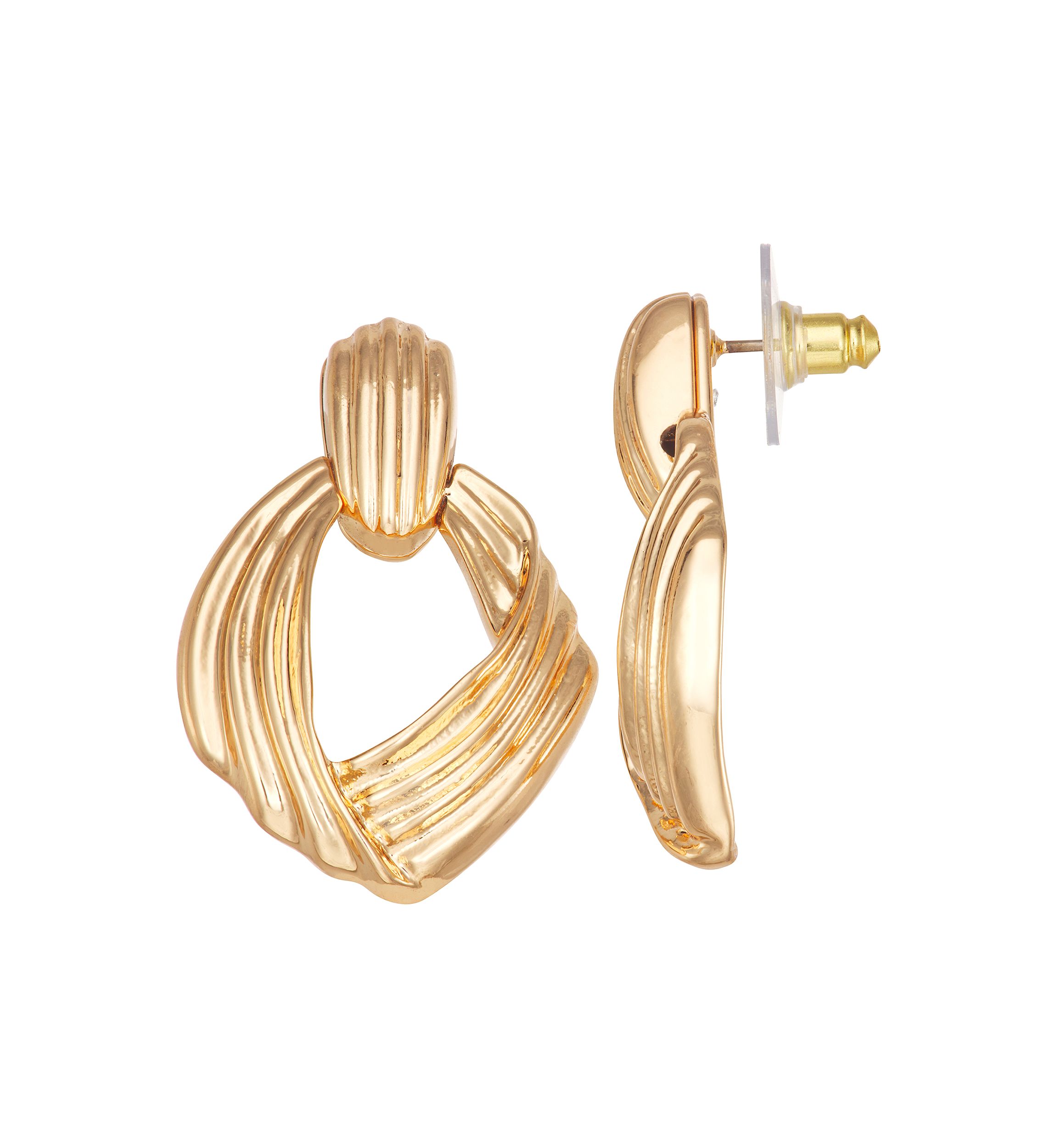 Gold Tone Ribbed Doorknocker Earrings