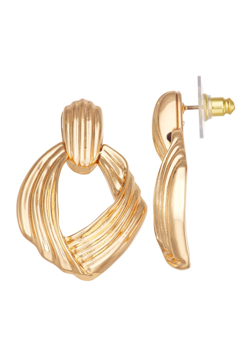 Gold Tone Ribbed Doorknocker Earrings